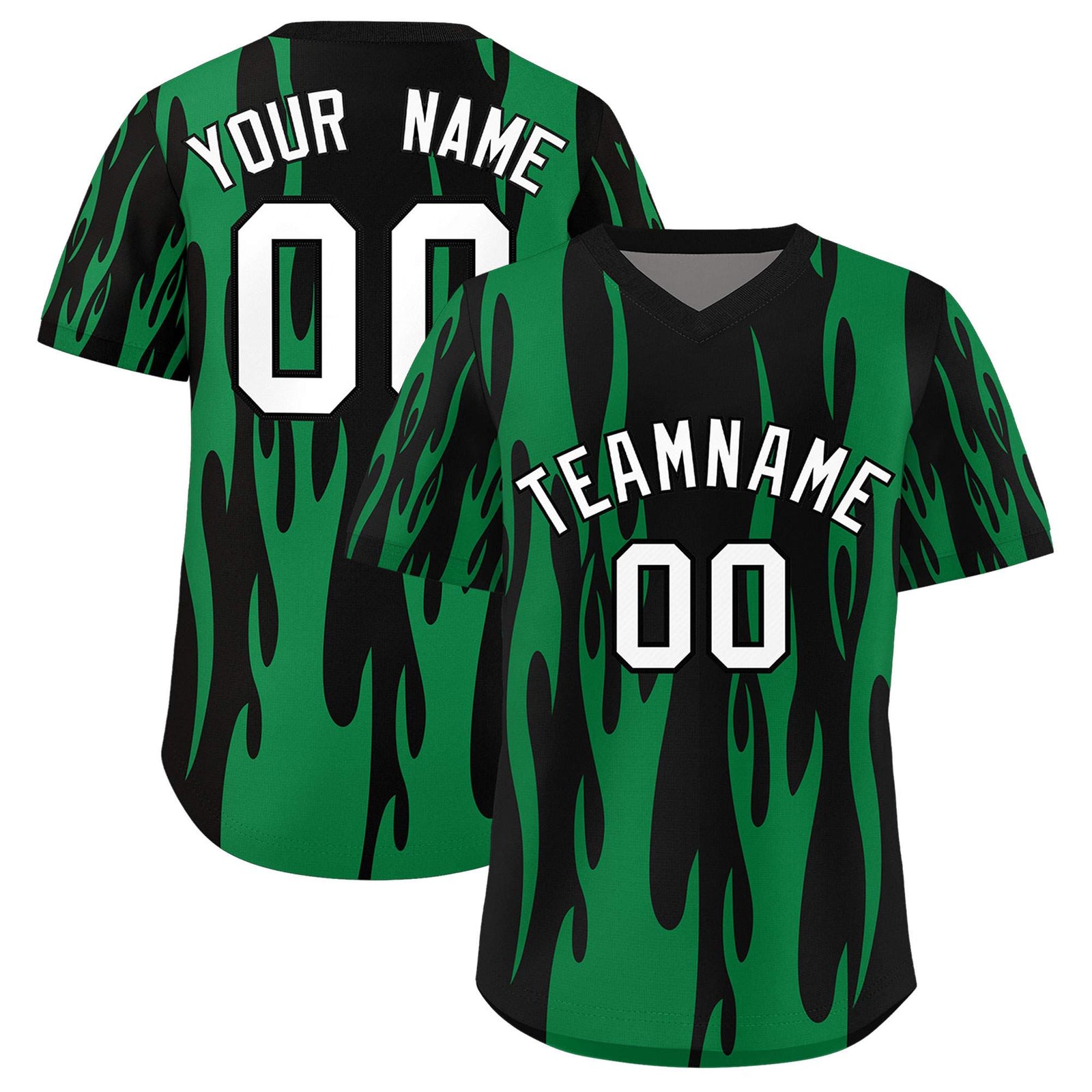 Custom Black Kelly Green Flame Pattern Authentic Pullover Baseball Jersey