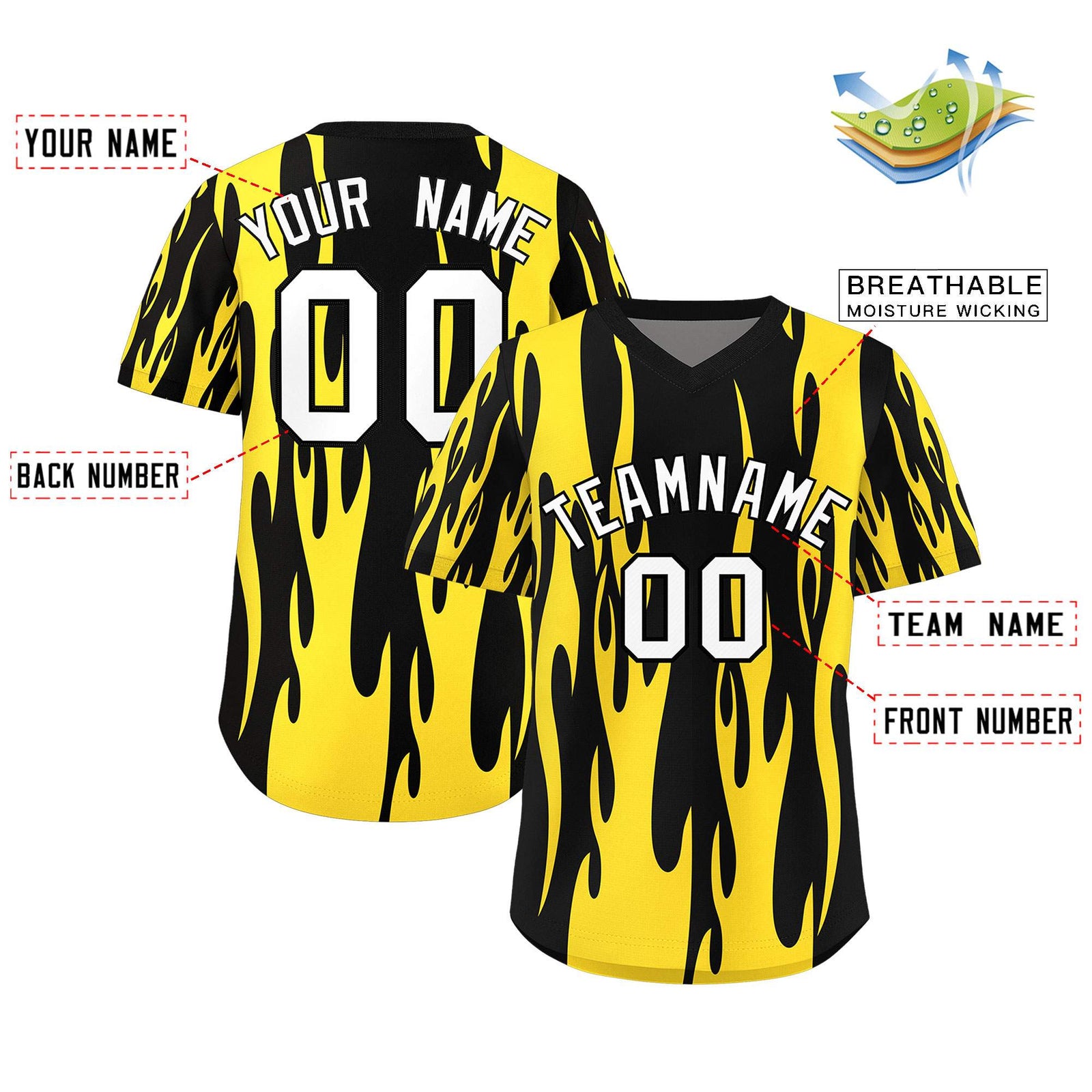 Custom Black Gold Flame Pattern Authentic Pullover Baseball Jersey