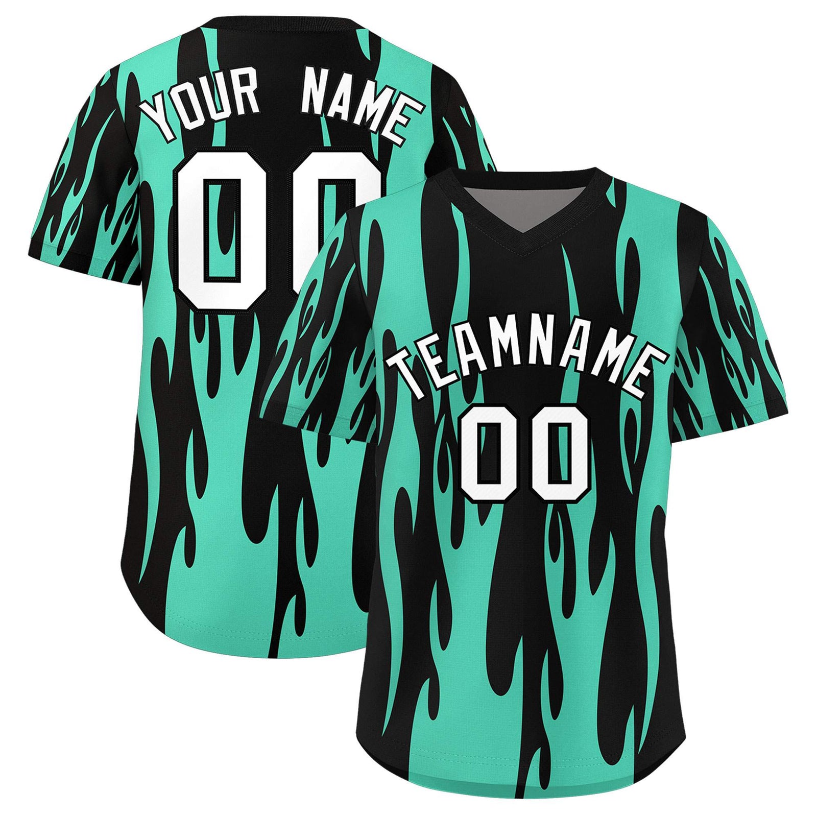 Custom Black Bright Green Flame Pattern Authentic Pullover Baseball Jersey