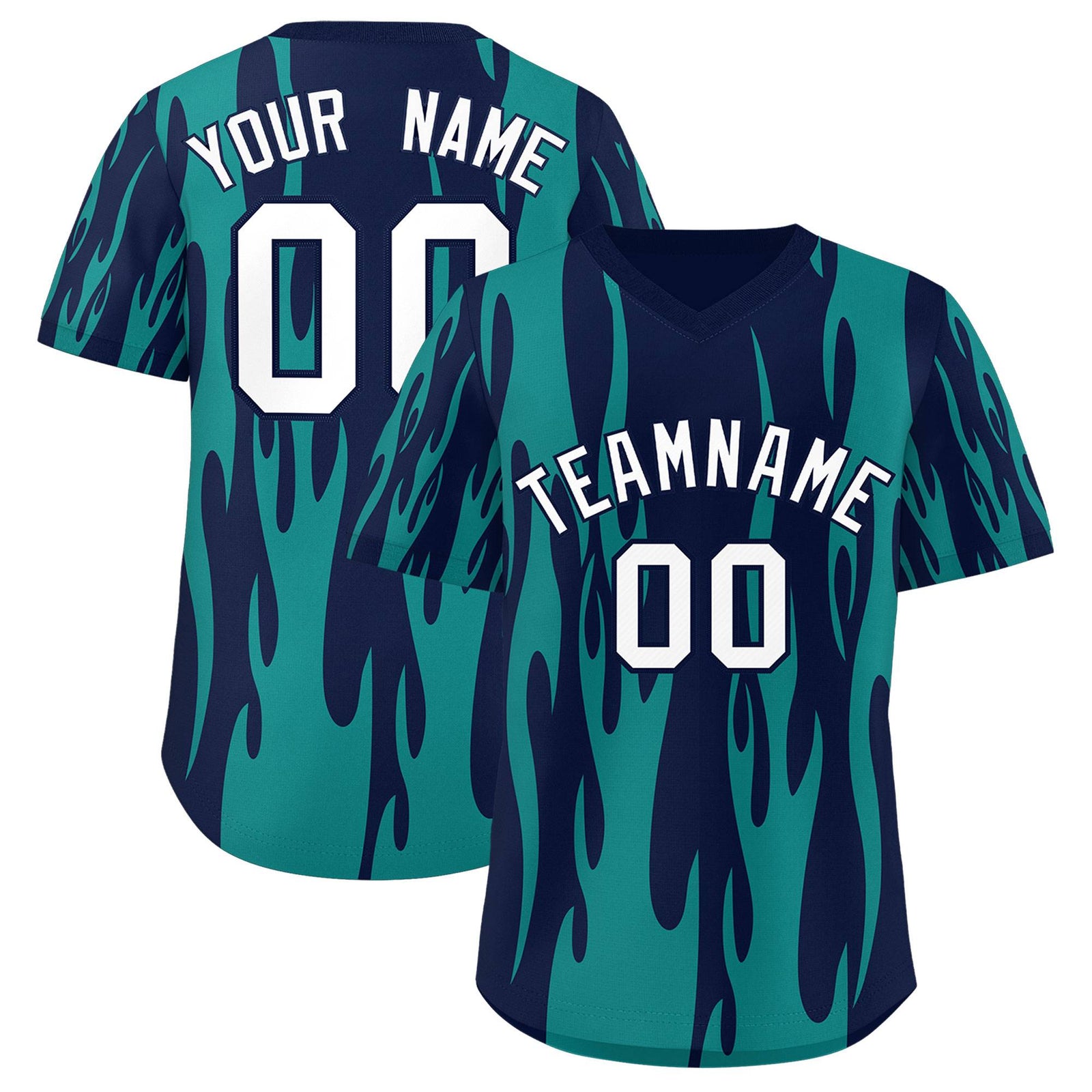Custom Navy Aqua Flame Pattern Authentic Pullover Baseball Jersey