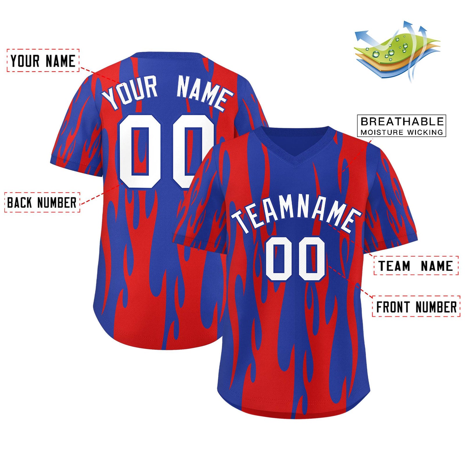 Custom Royal Red Flame Pattern Authentic Pullover Baseball Jersey