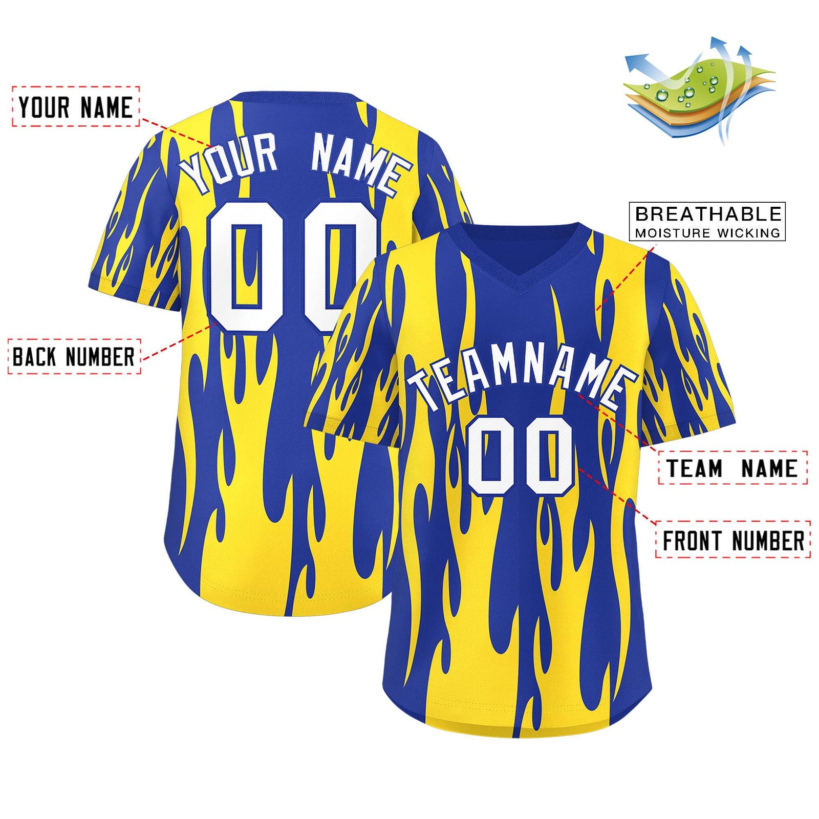 Custom Royal Gold Flame Pattern Authentic Pullover Baseball Jersey