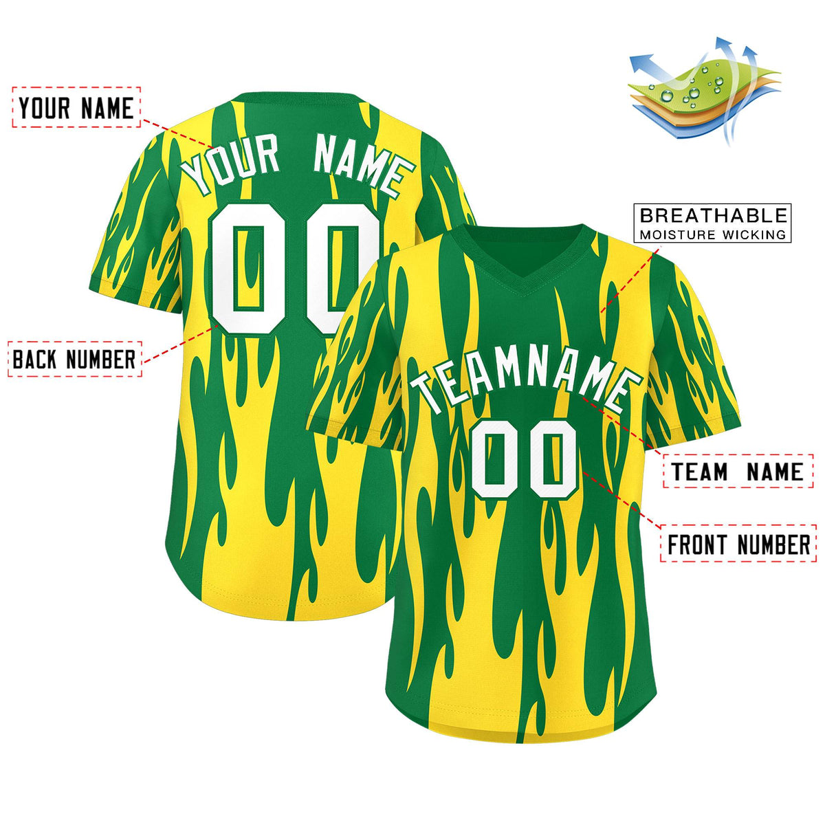 Custom Kelly Green Gold Flame Pattern Authentic Pullover Baseball Jersey