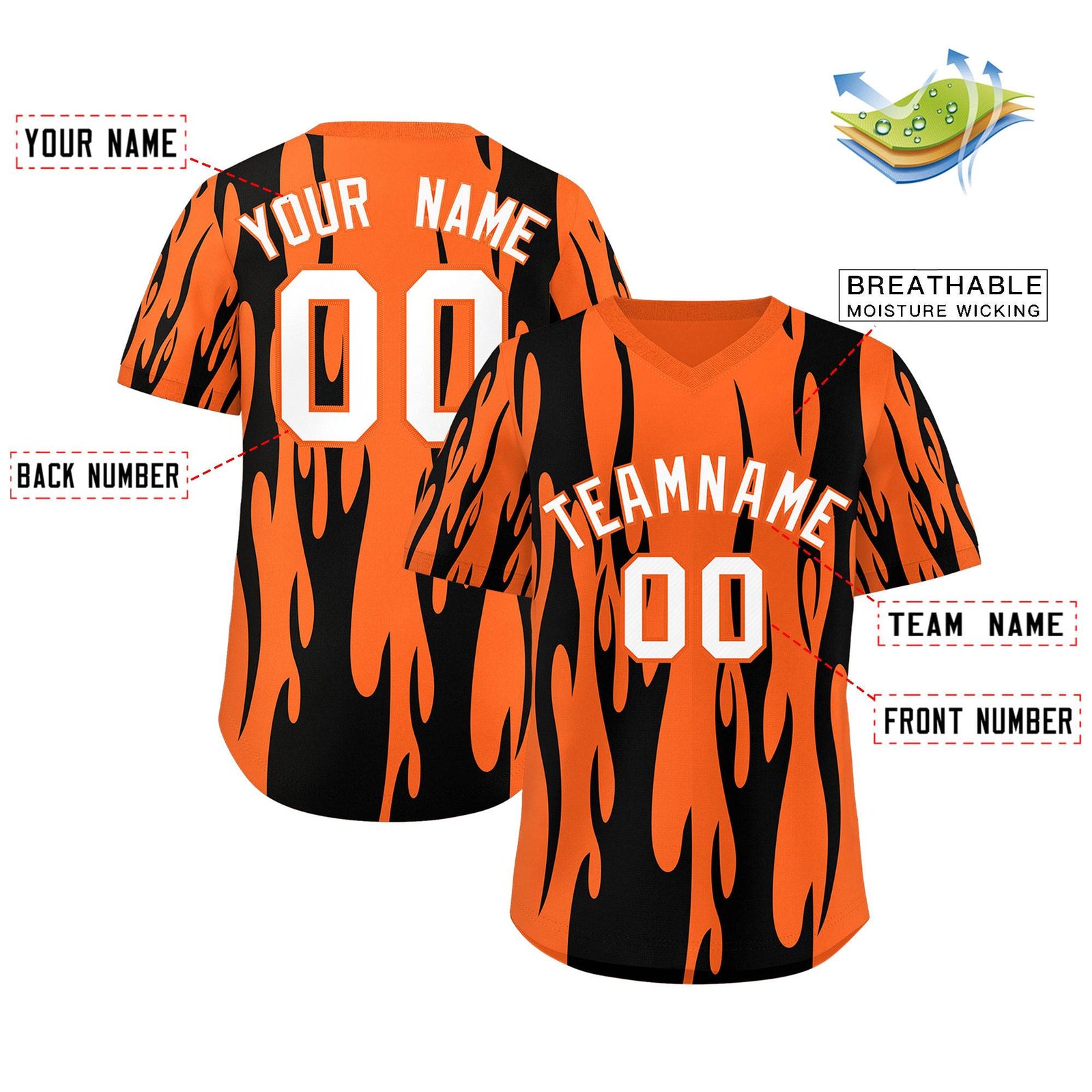 Custom Orange Black Flame Pattern Authentic Pullover Baseball Jersey