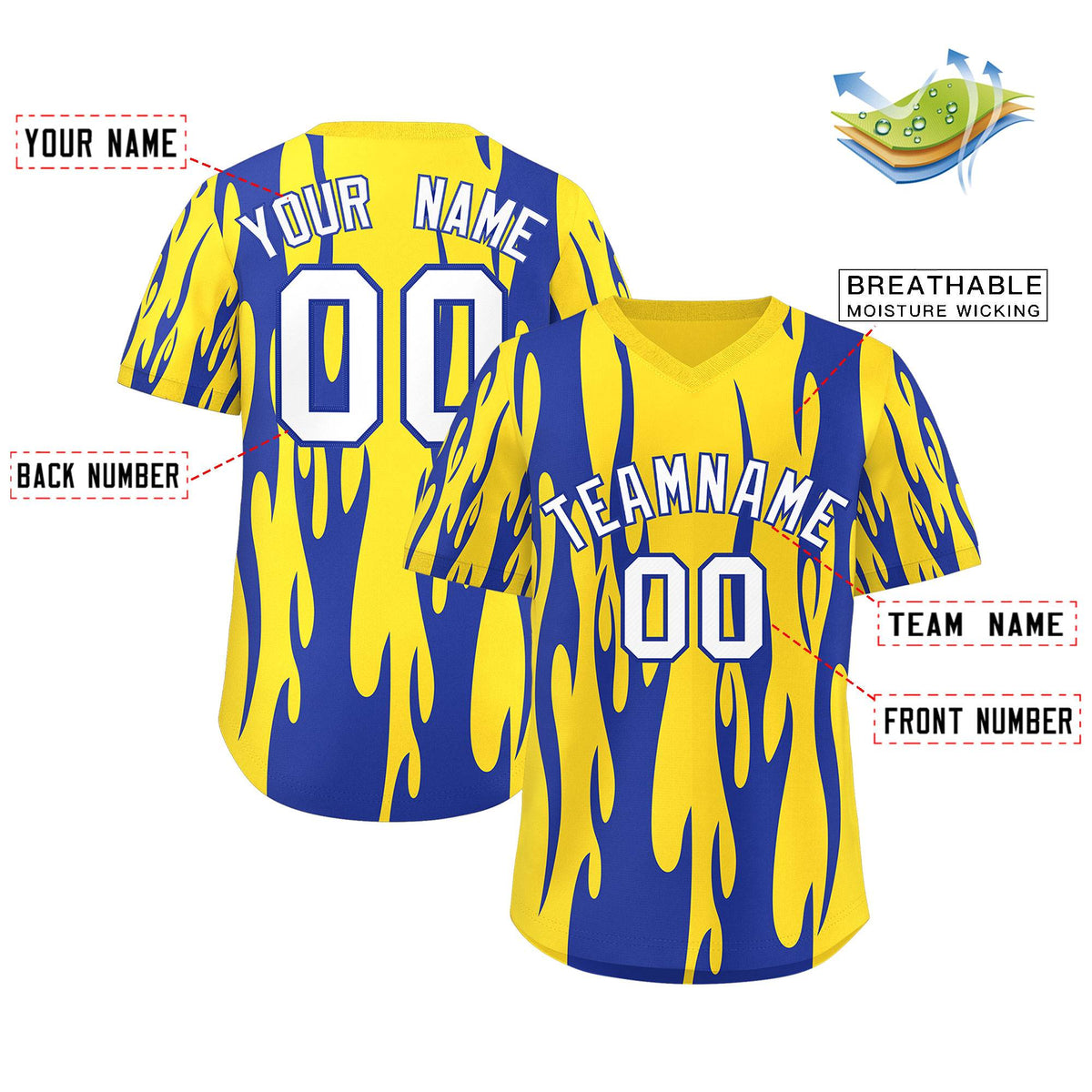 Custom Gold Royal Flame Pattern Authentic Pullover Baseball Jersey