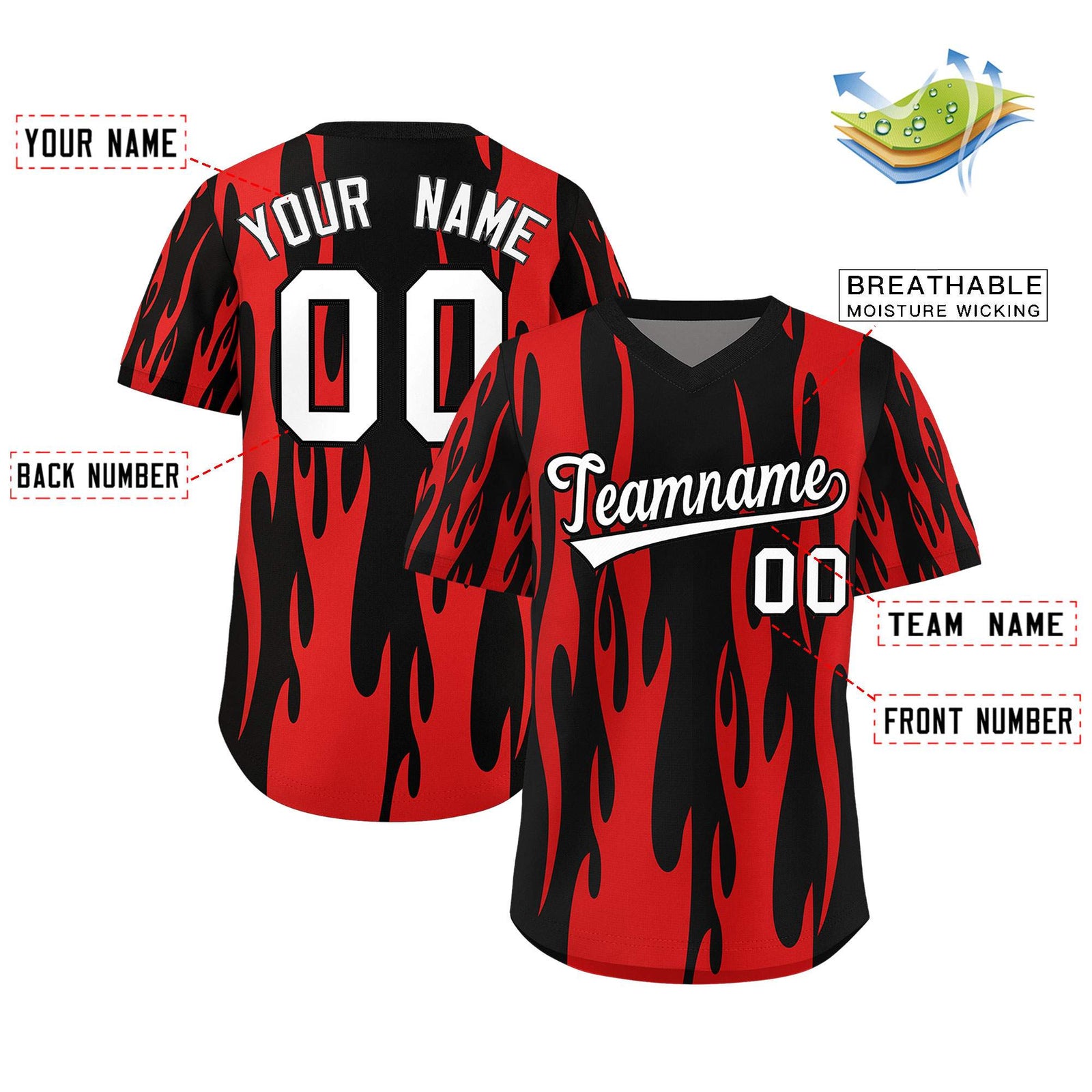 Custom Black Red Flame Pattern Authentic Pullover Baseball Jersey