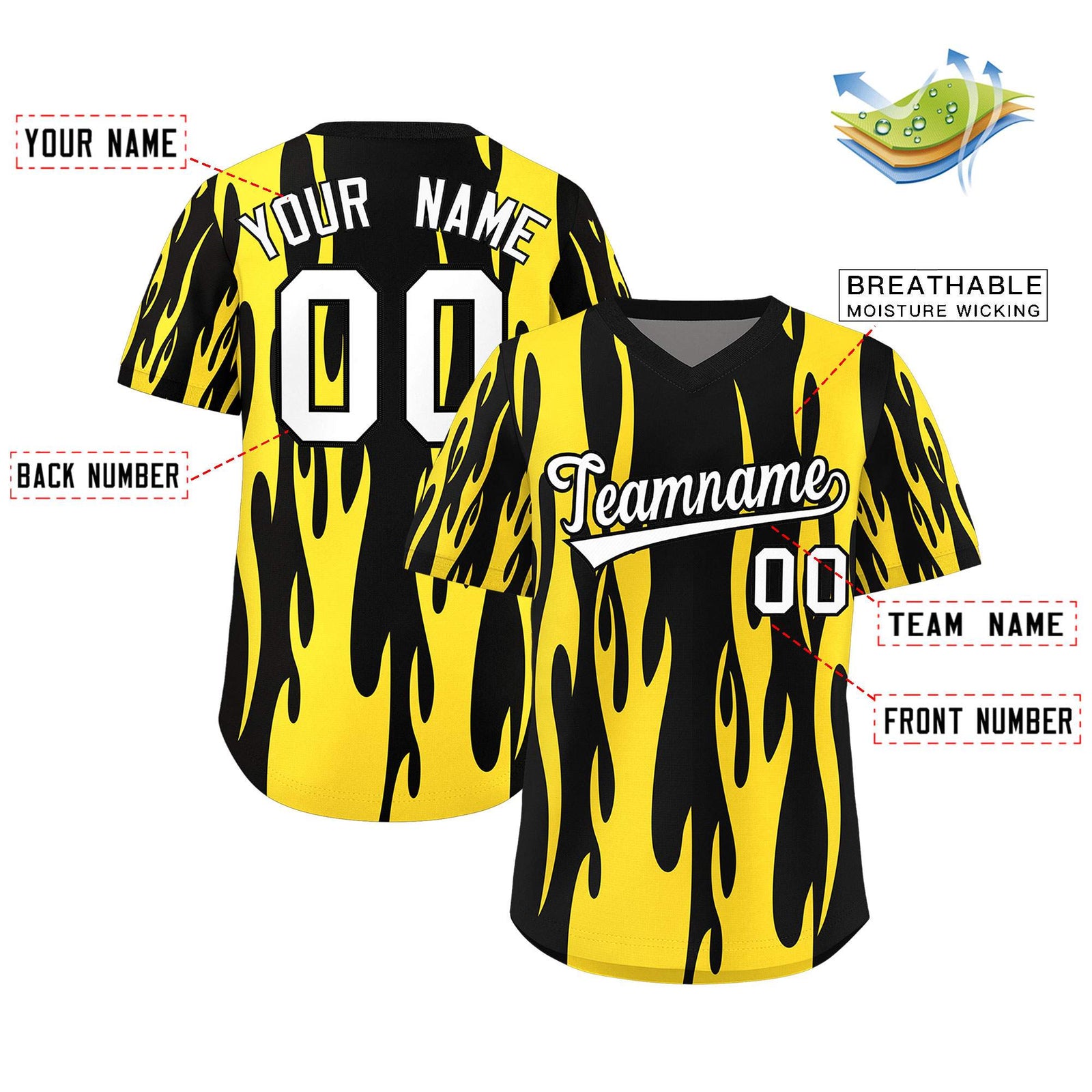 Custom Black Gold Flame Pattern Authentic Pullover Baseball Jersey