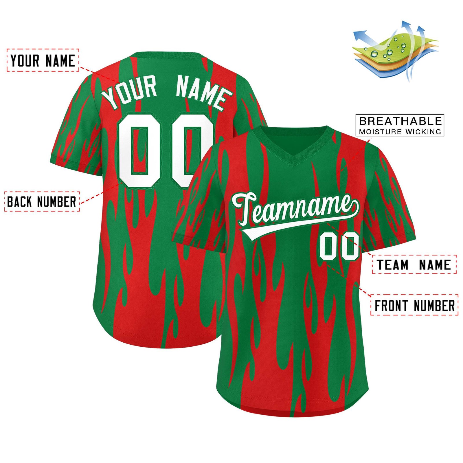 Custom Kelly Green Red Flame Pattern Authentic Pullover Baseball Jersey