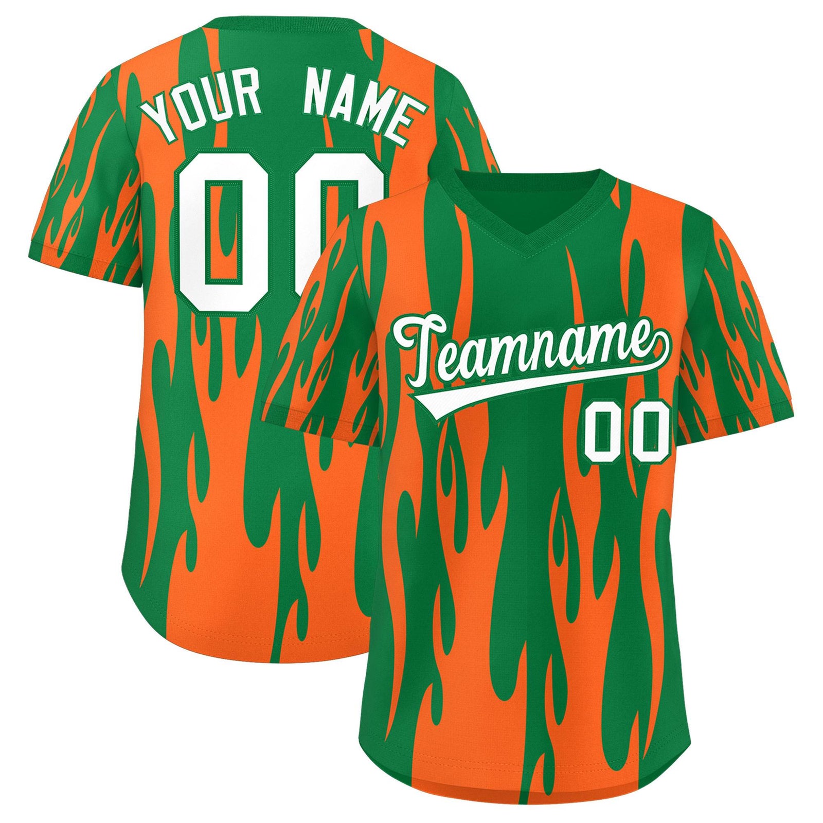 Custom Kelly Green Orange Flame Pattern Authentic Pullover Baseball Jersey