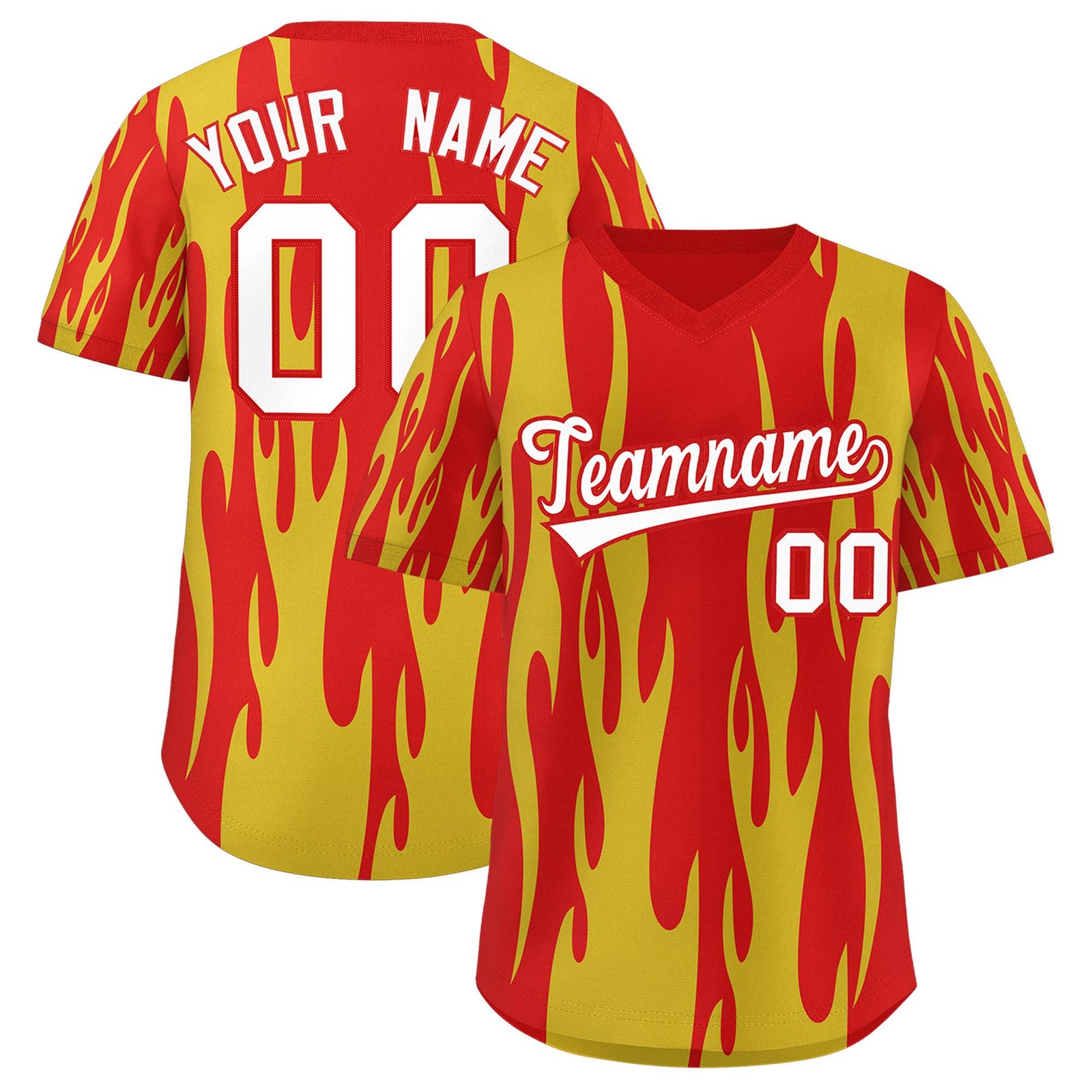 Custom Red Gold Flame Pattern Authentic Pullover Baseball Jersey