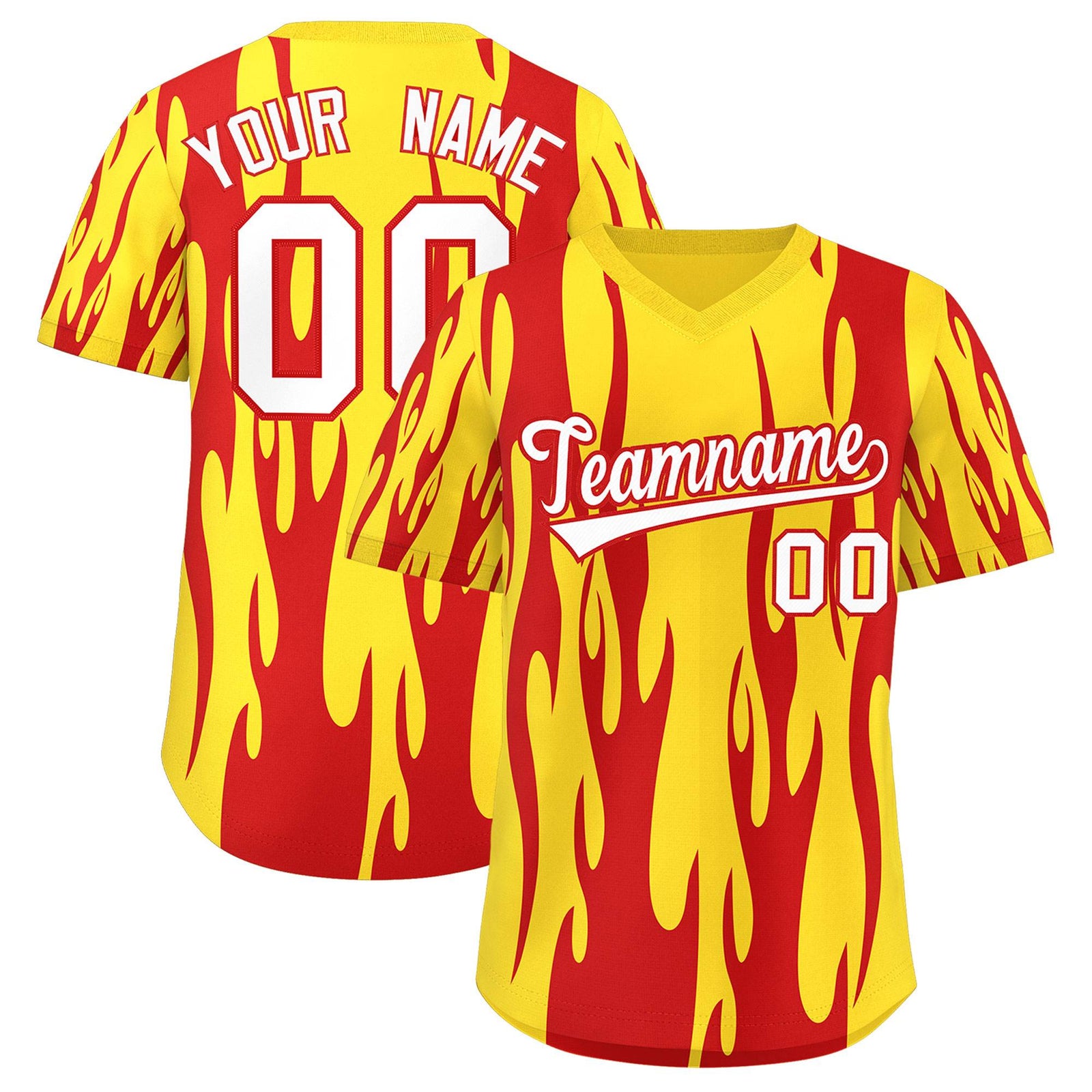Custom Gold Red Flame Pattern Authentic Pullover Baseball Jersey