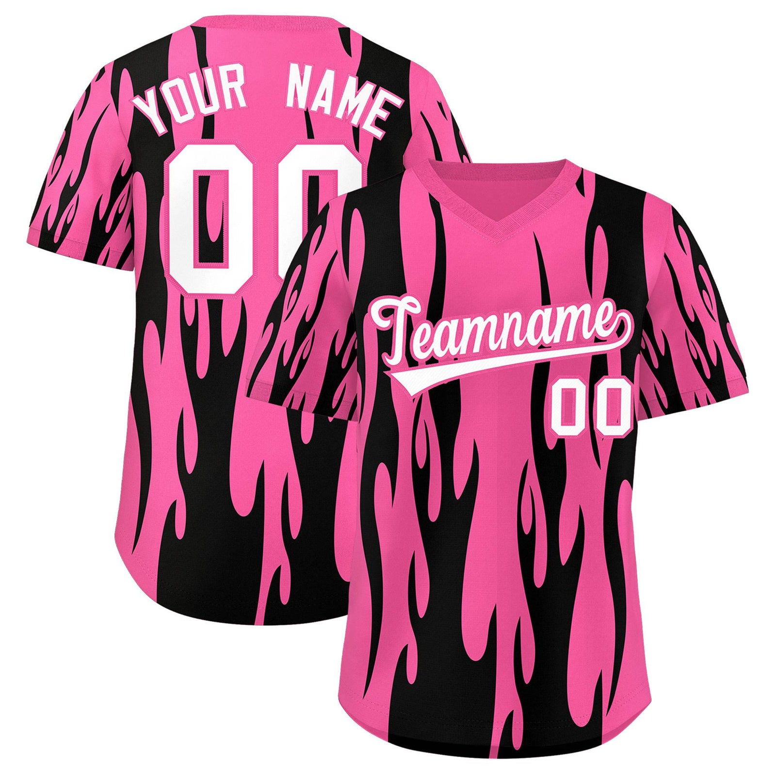 Custom Pink Black Flame Pattern Authentic Pullover Baseball Jersey