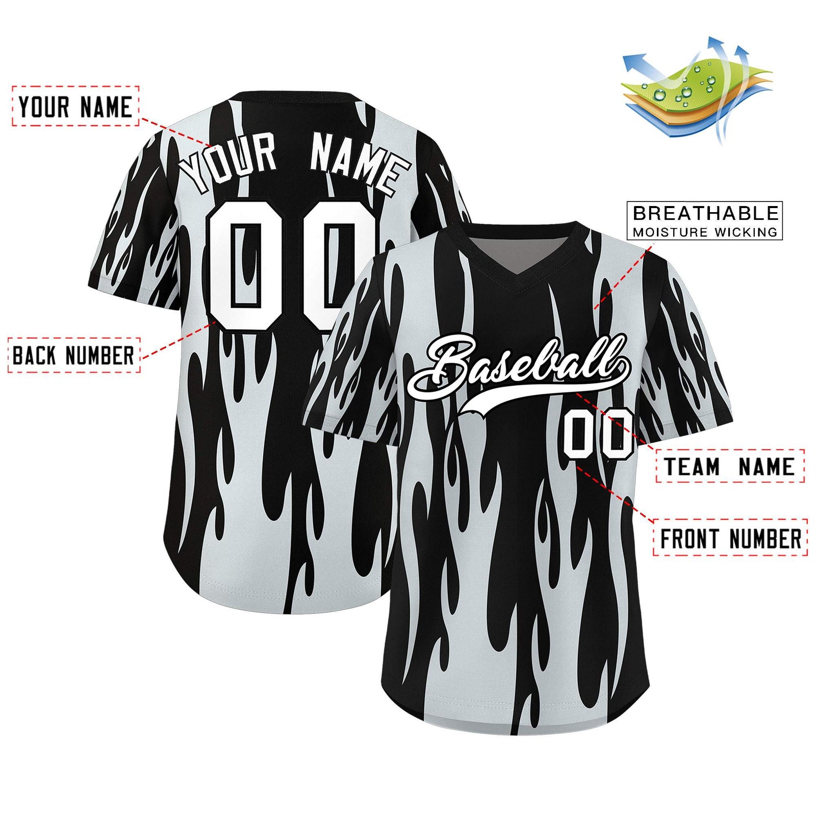 Custom Black Silver Flame Pattern Authentic Pullover Baseball Jersey