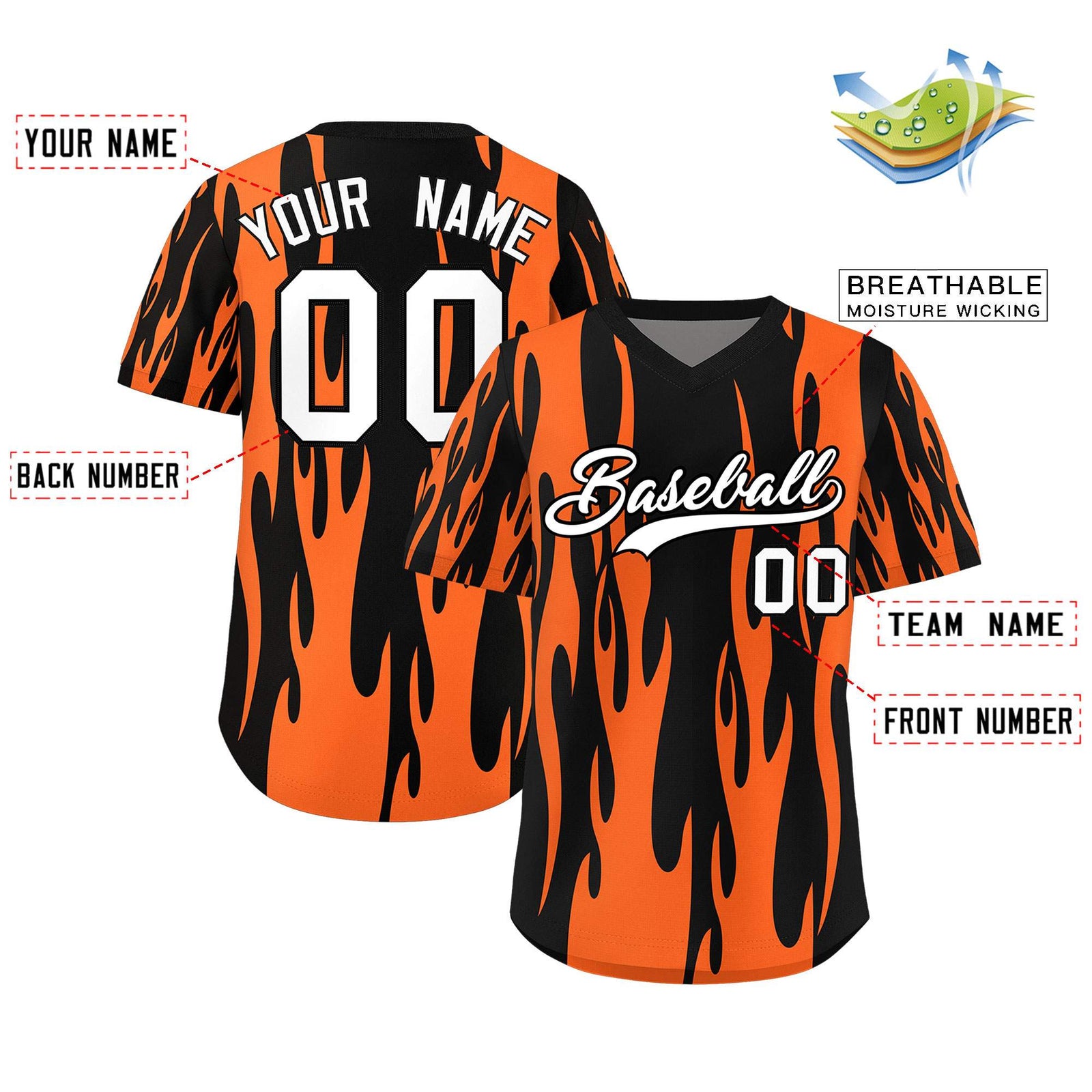 Custom Black Orange Flame Pattern Authentic Pullover Baseball Jersey