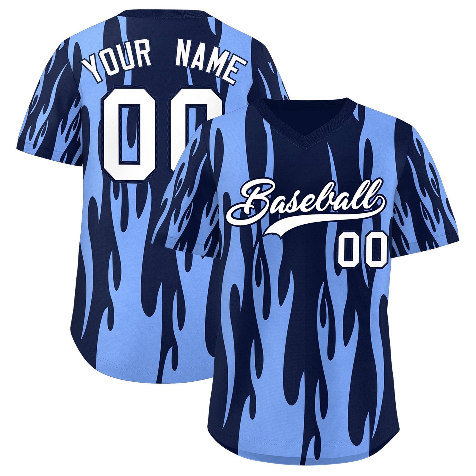 Custom Navy Light Blue Flame Pattern Authentic Pullover Baseball Jersey