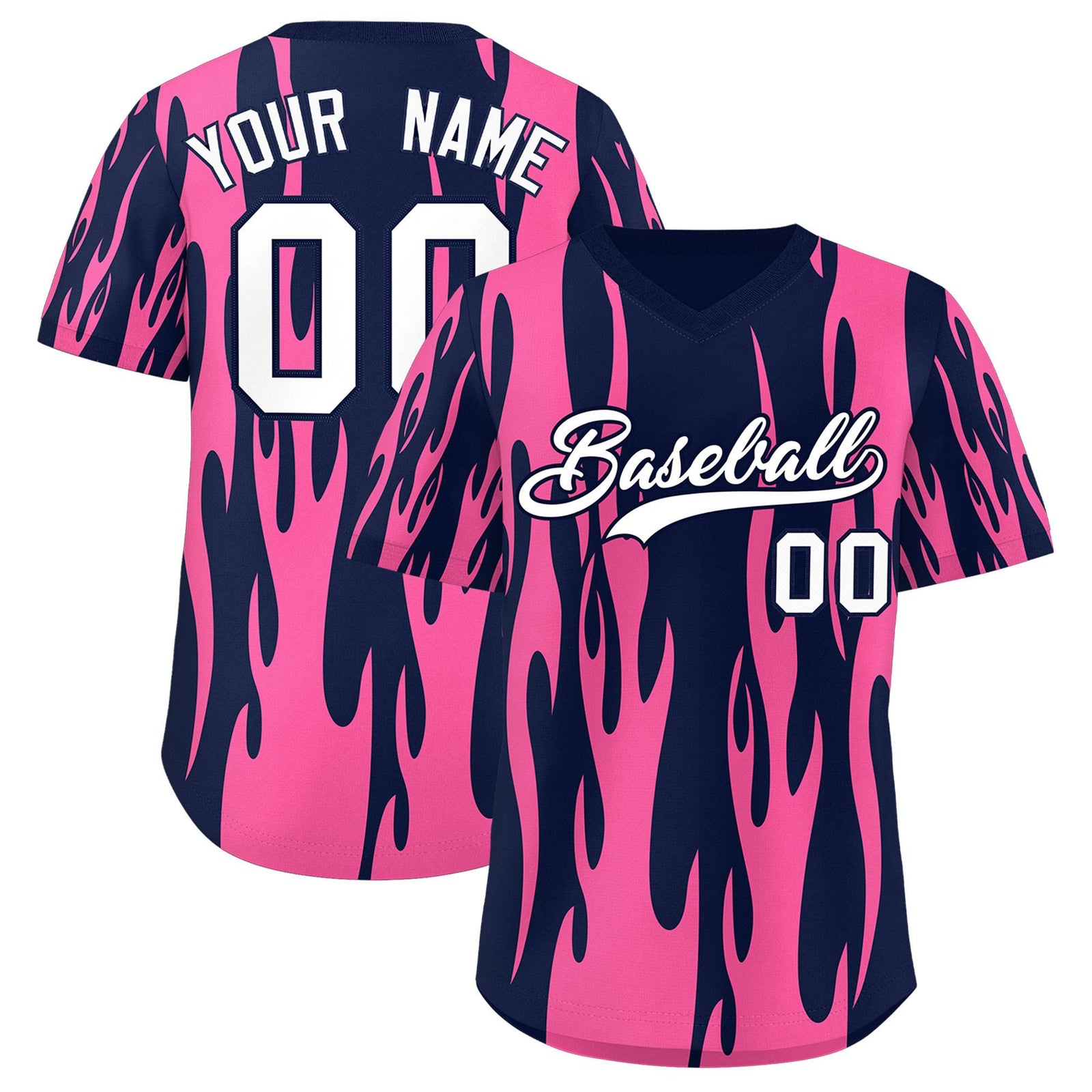 Custom Navy Pink Flame Pattern Authentic Pullover Baseball Jersey