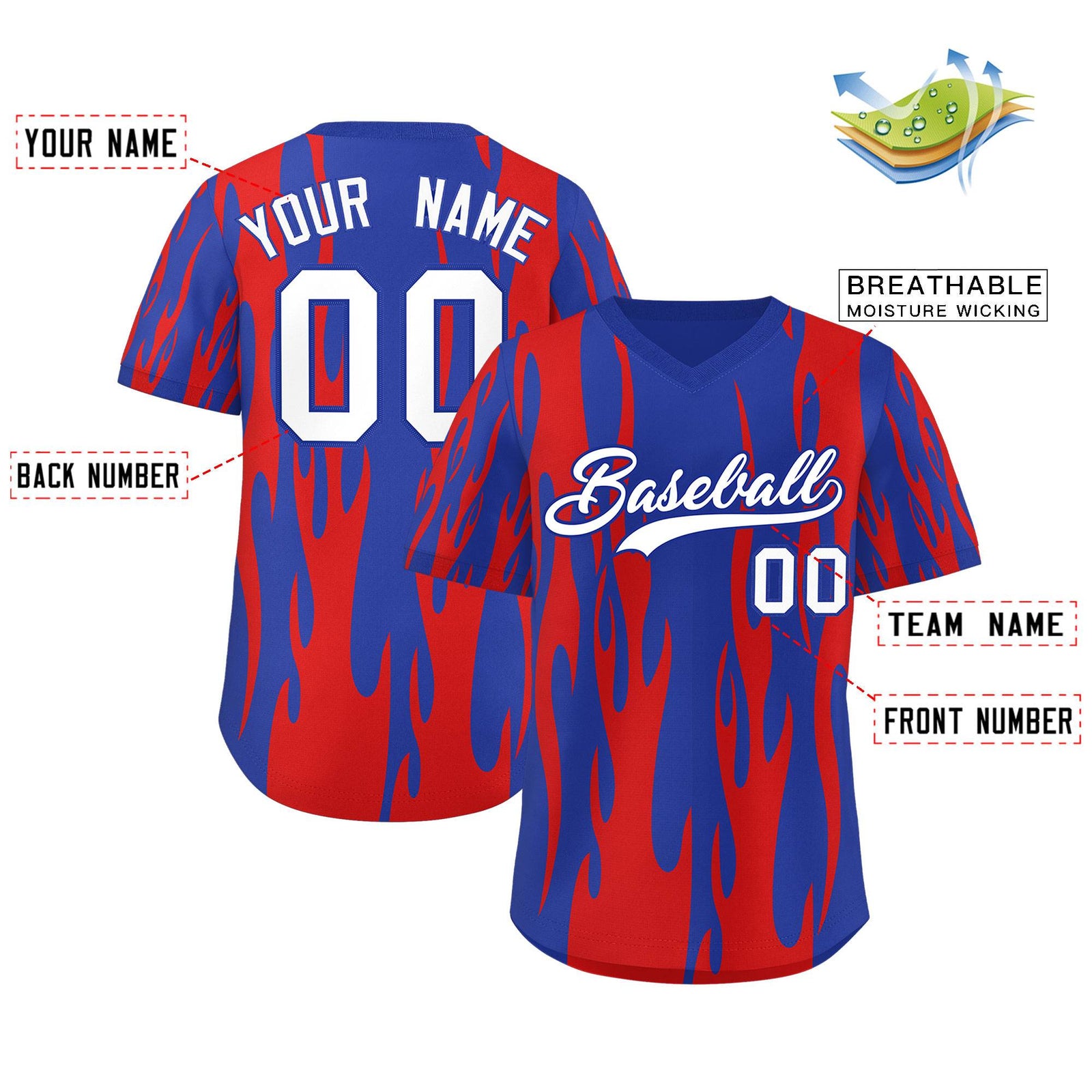 Custom Royal Red Flame Pattern Authentic Pullover Baseball Jersey