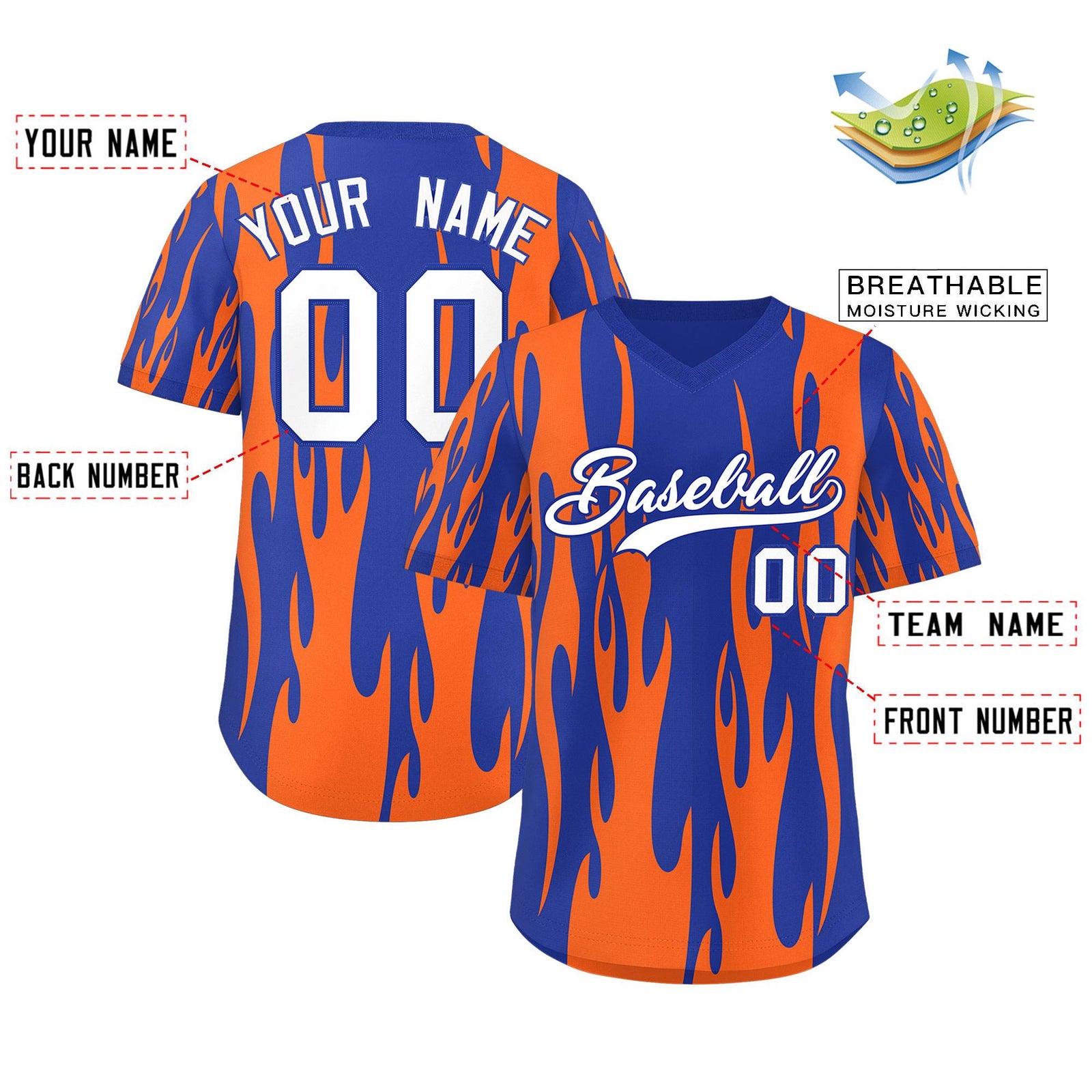 Custom Royal Orange Flame Pattern Authentic Pullover Baseball Jersey