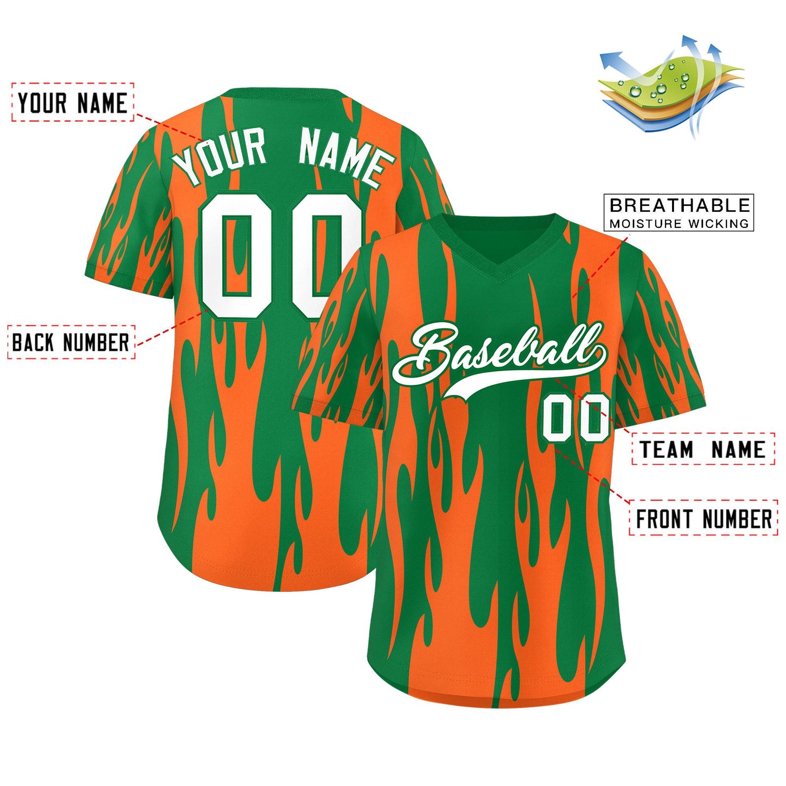 Custom Kelly Green Orange Flame Pattern Authentic Pullover Baseball Jersey