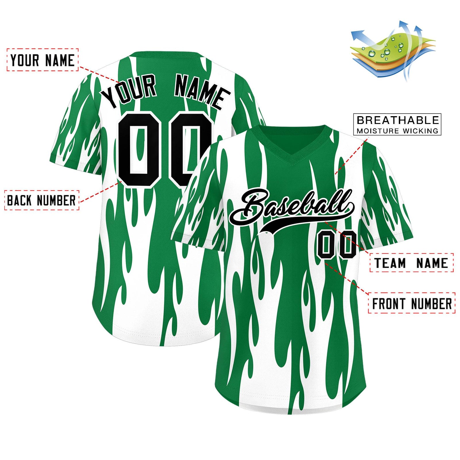 Custom Kelly Green White Flame Pattern Authentic Pullover Baseball Jersey