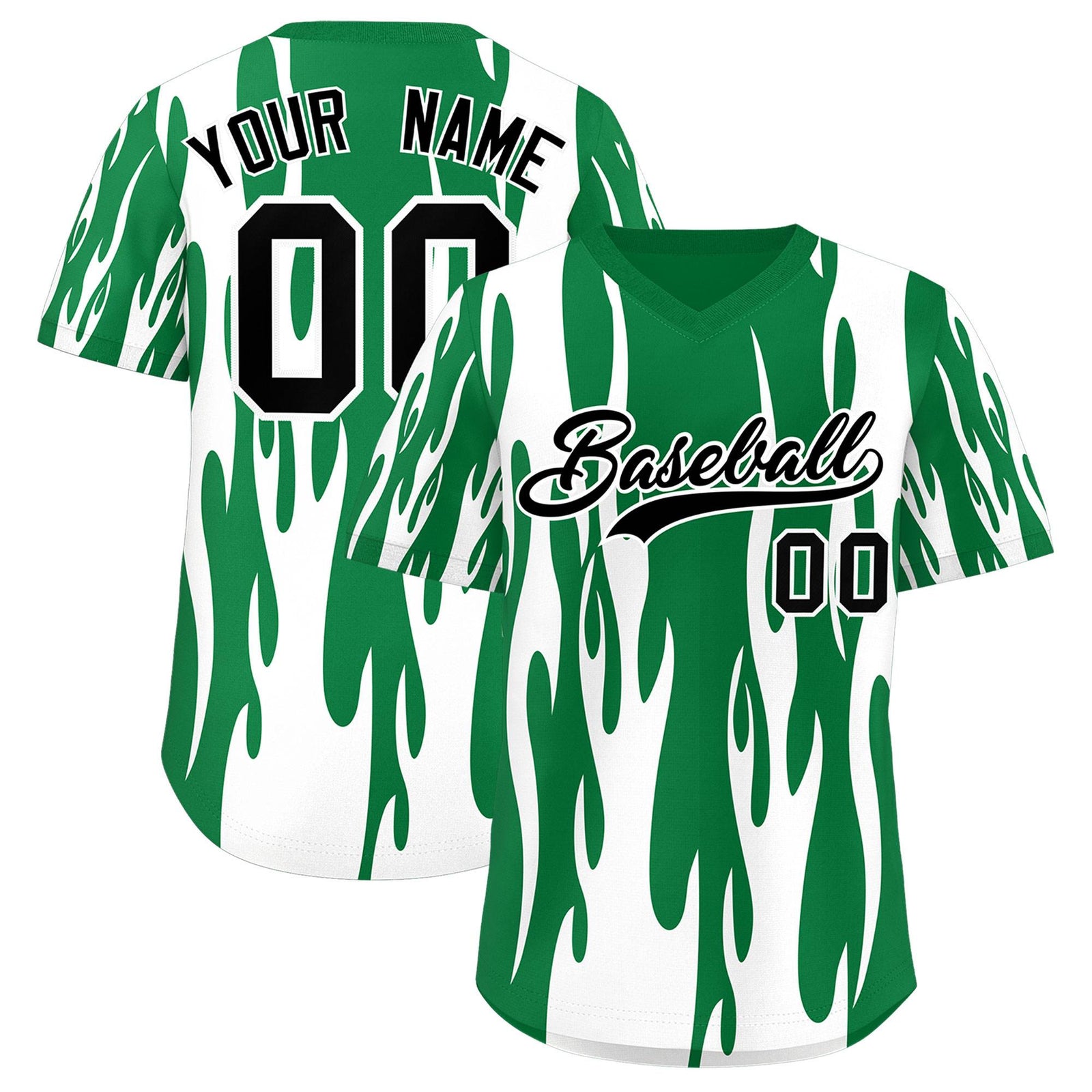 Custom Kelly Green White Flame Pattern Authentic Pullover Baseball Jersey