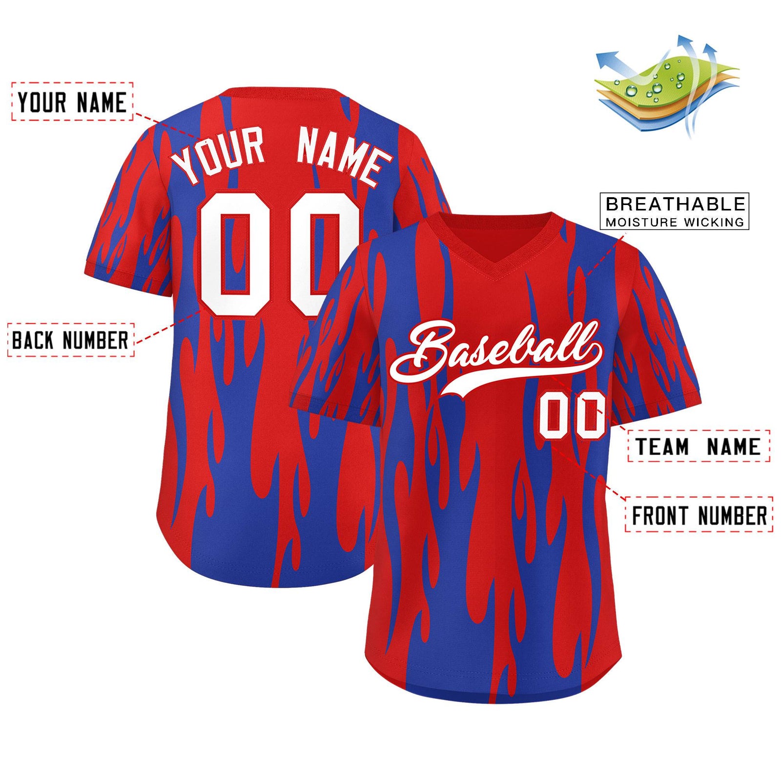 Custom Red Royal Flame Pattern Authentic Pullover Baseball Jersey