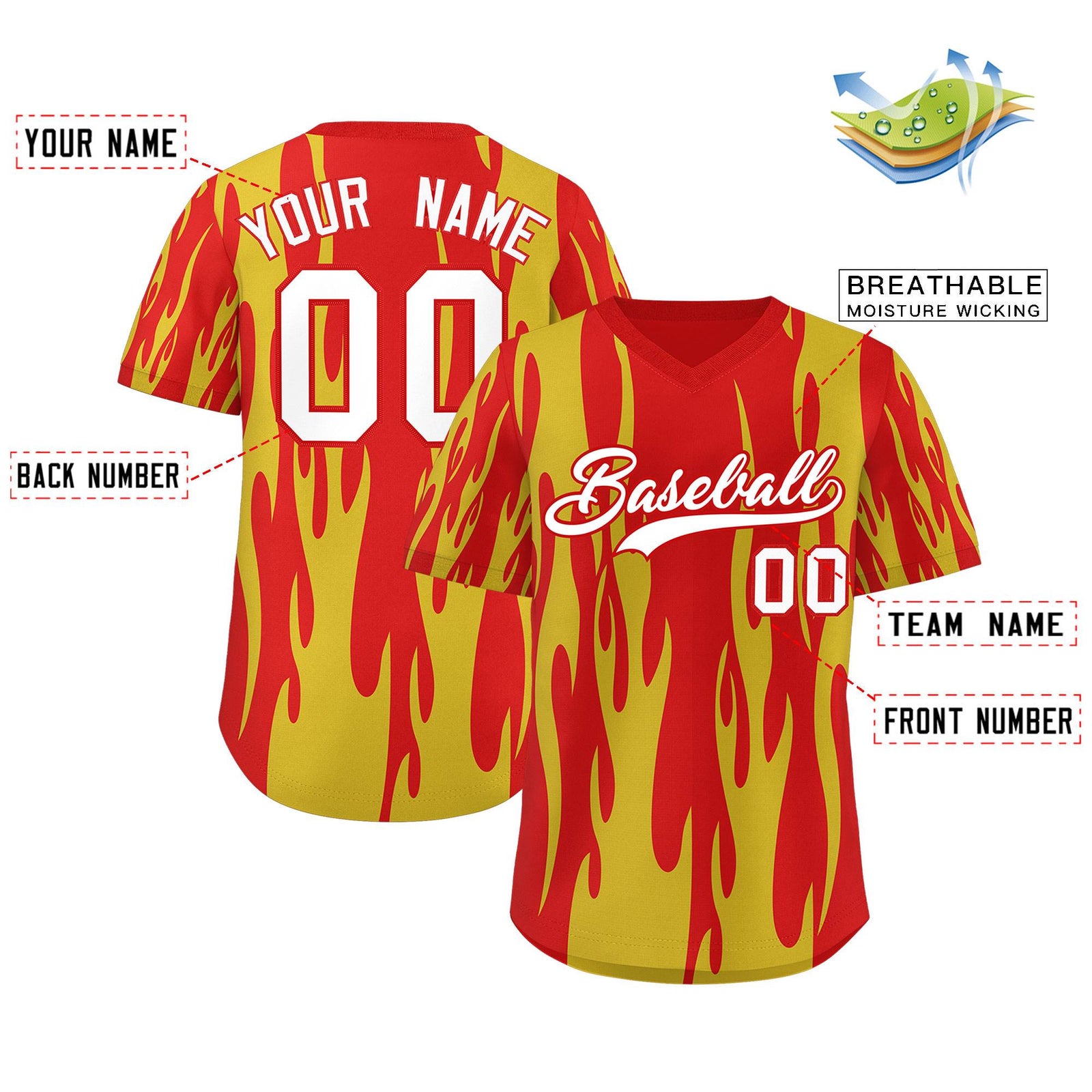 Custom Red Gold Flame Pattern Authentic Pullover Baseball Jersey