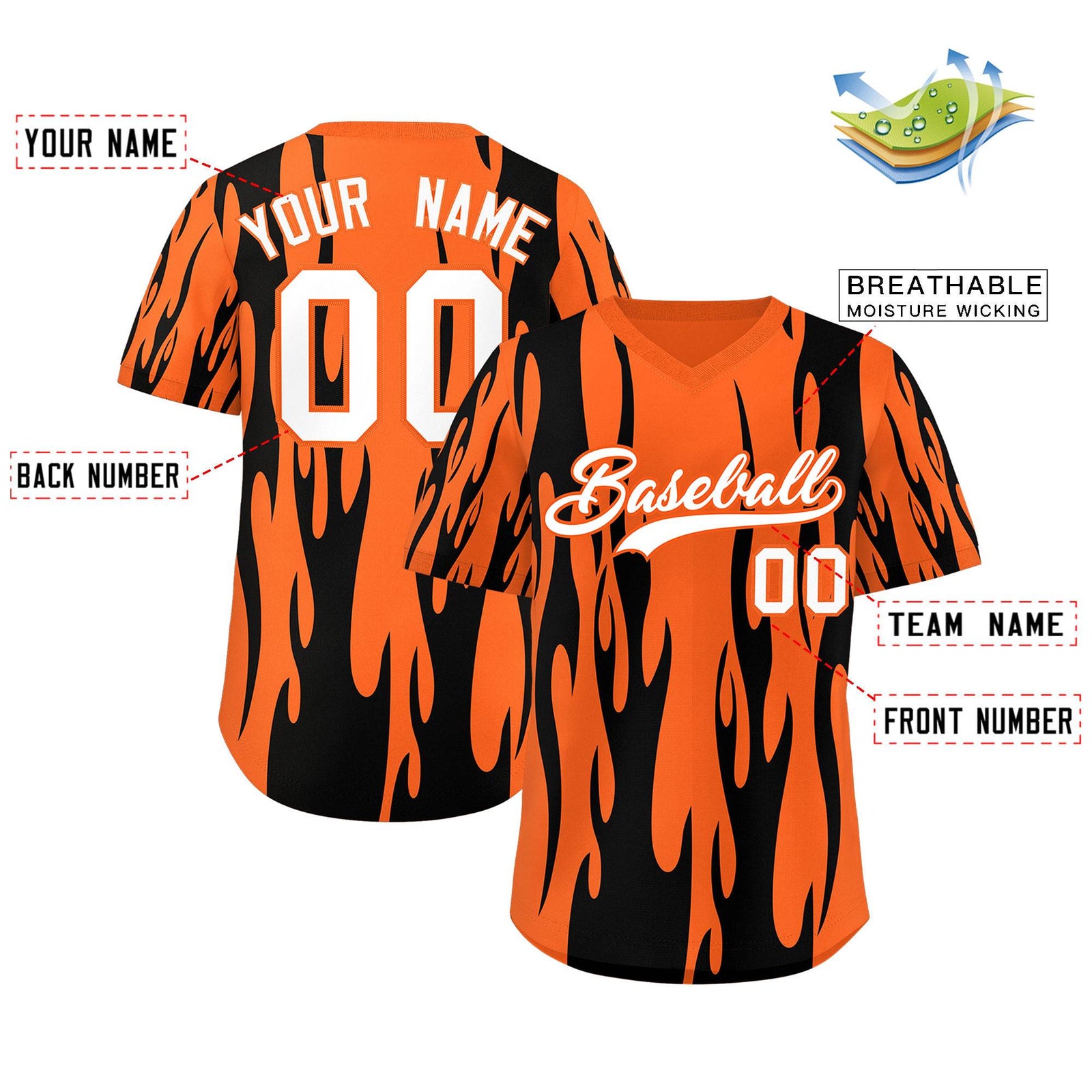 Custom Orange Black Flame Pattern Authentic Pullover Baseball Jersey