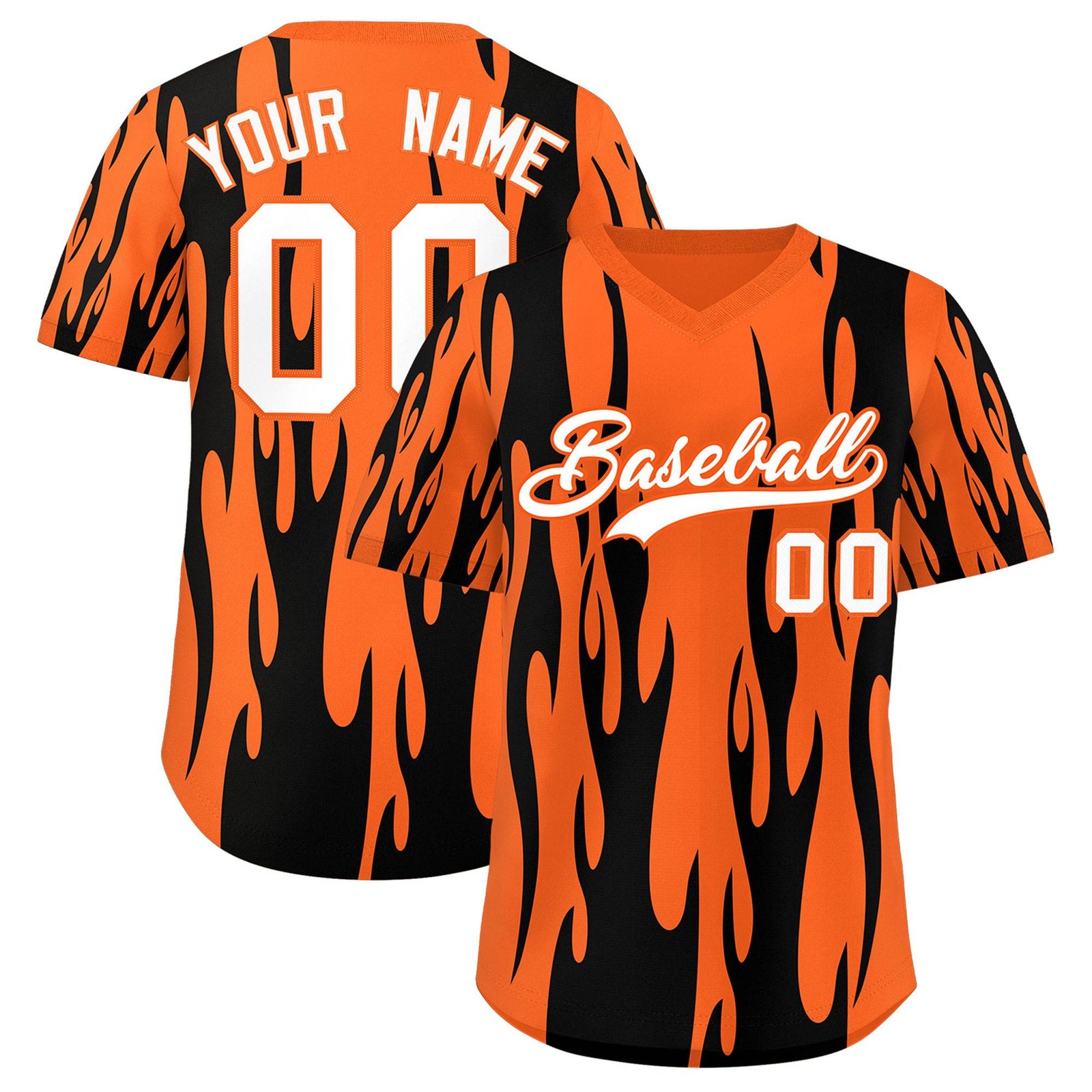 Custom Orange Black Flame Pattern Authentic Pullover Baseball Jersey