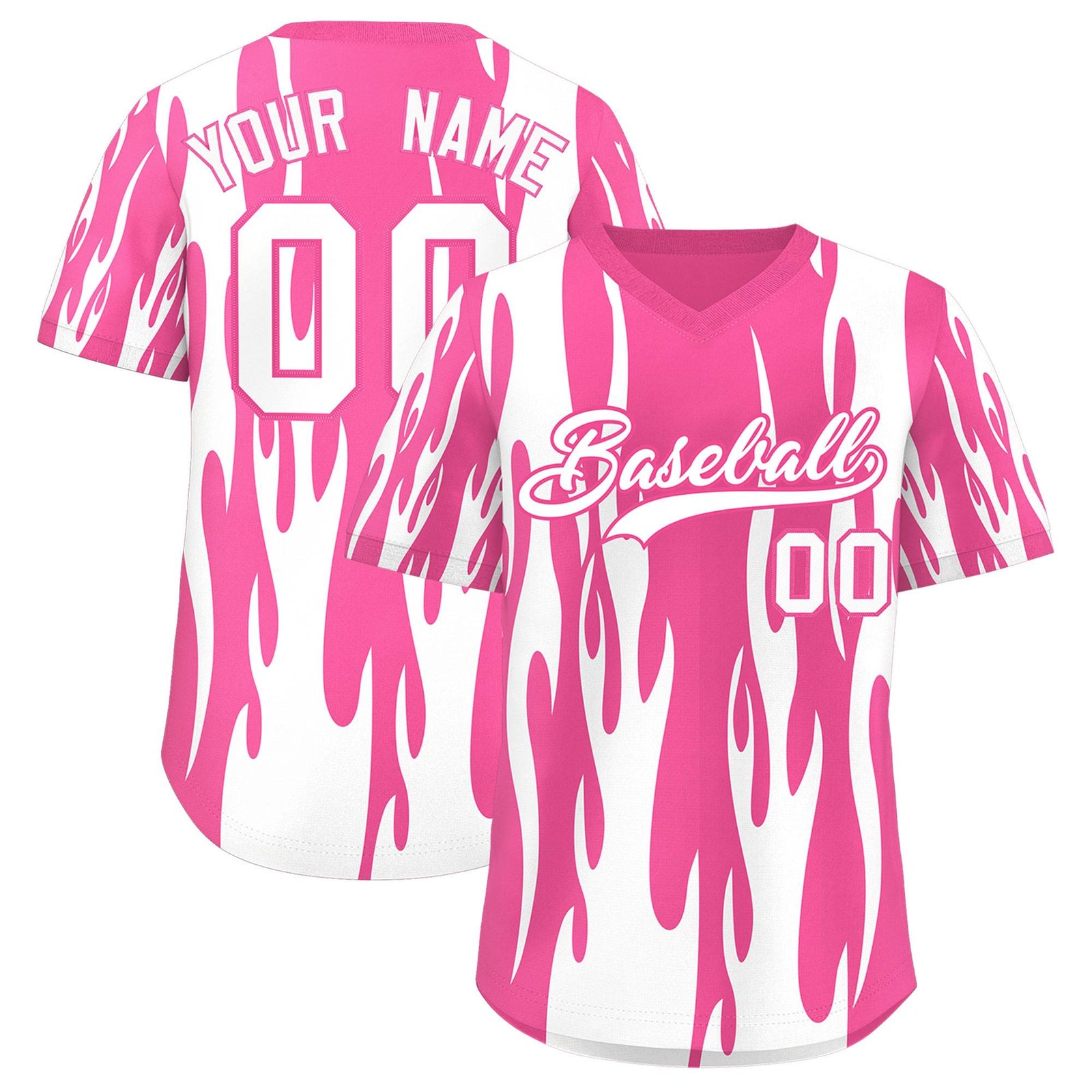 Custom Pink White Flame Pattern Authentic Pullover Baseball Jersey