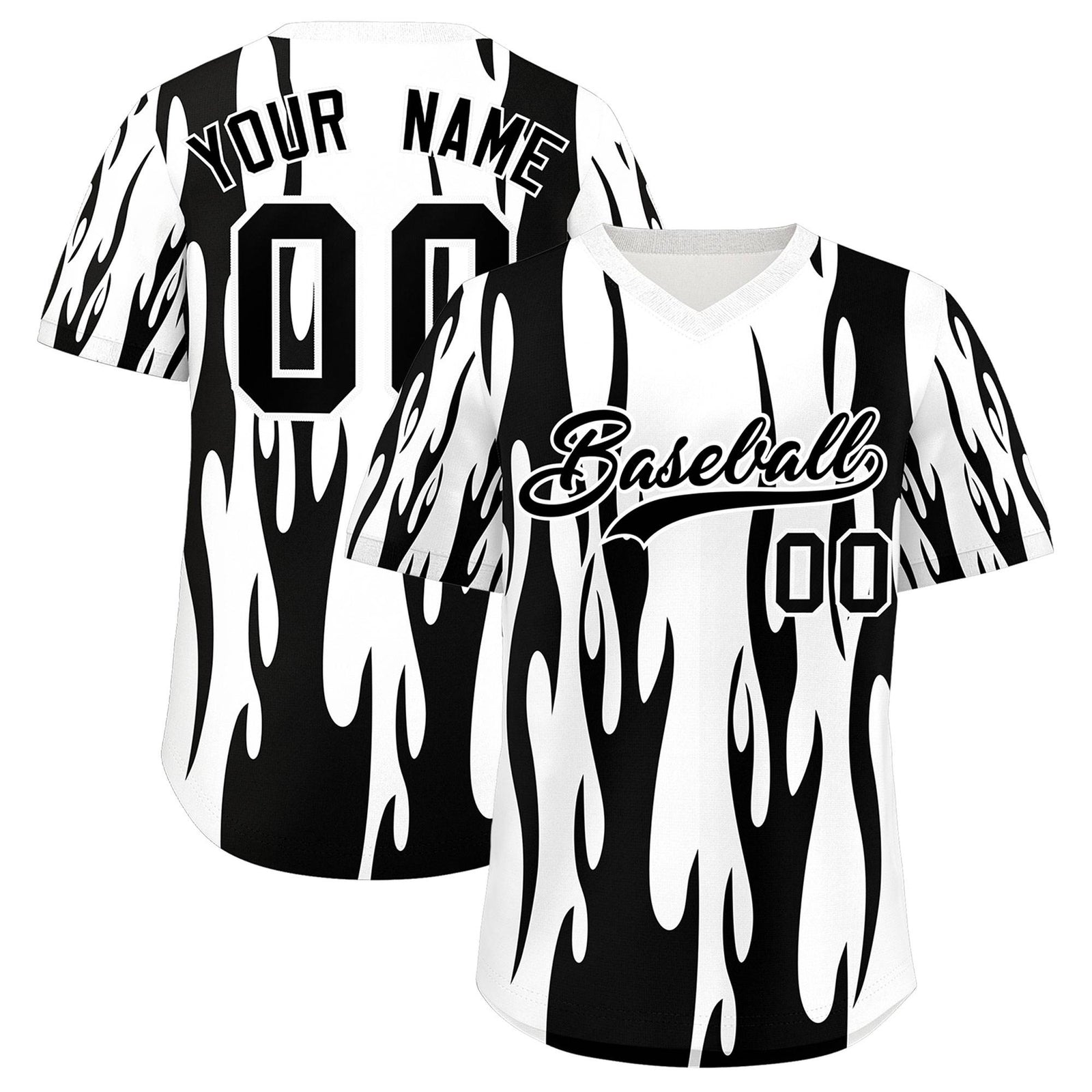 Custom White Black Flame Pattern Authentic Pullover Baseball Jersey