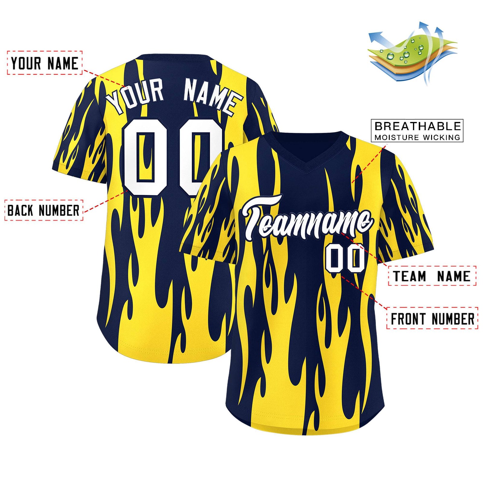 Custom Navy Gold Flame Pattern Authentic Pullover Baseball Jersey