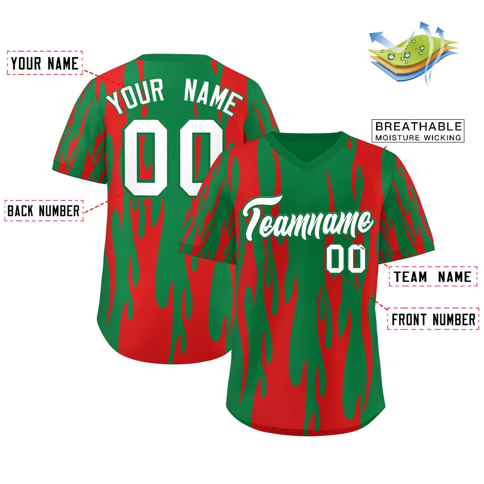 Custom Kelly Green Red Flame Pattern Authentic Pullover Baseball Jersey