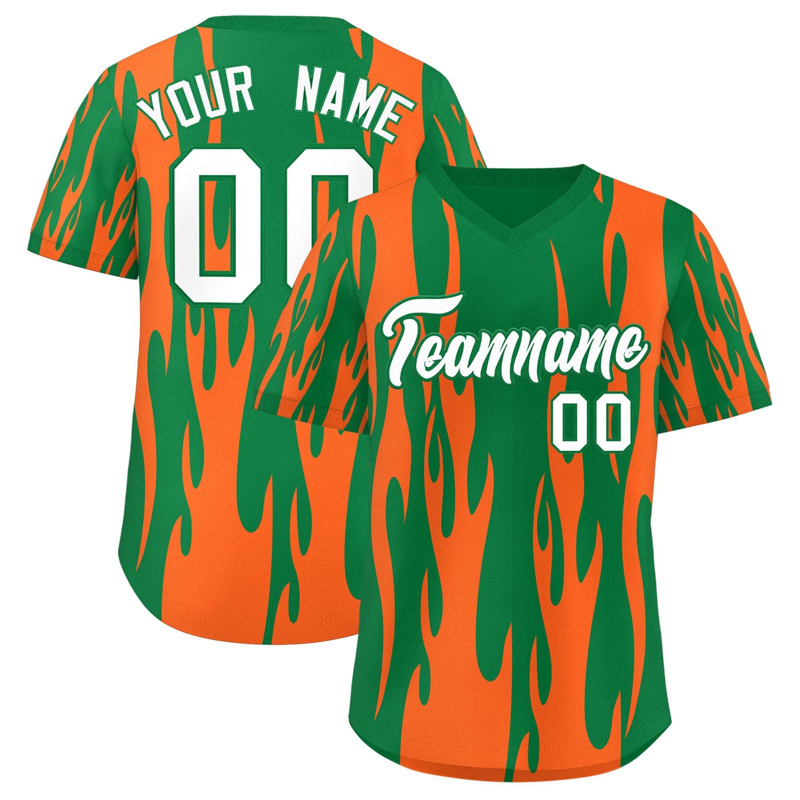 Custom Kelly Green Orange Flame Pattern Authentic Pullover Baseball Jersey
