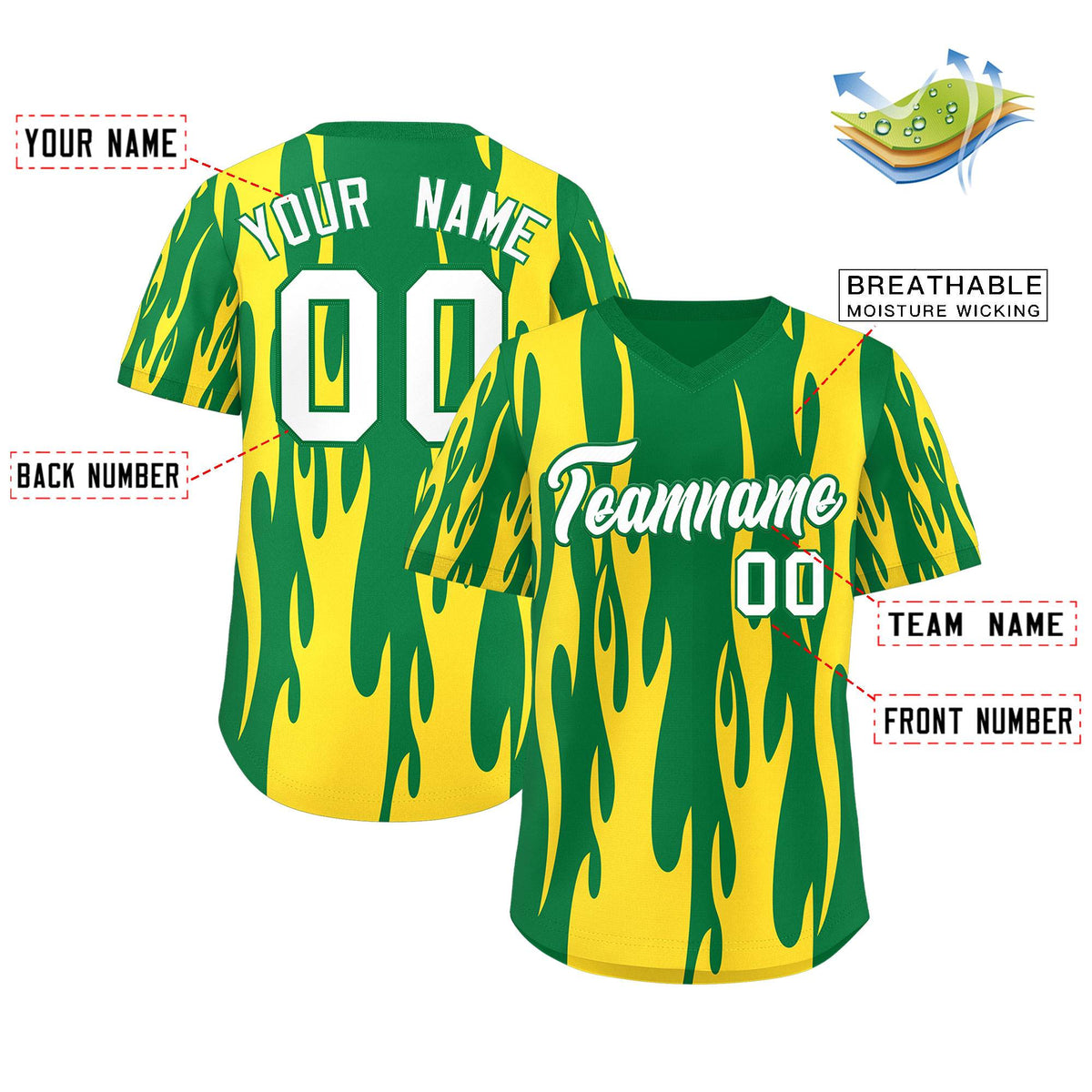 Custom Kelly Green Gold Flame Pattern Authentic Pullover Baseball Jersey