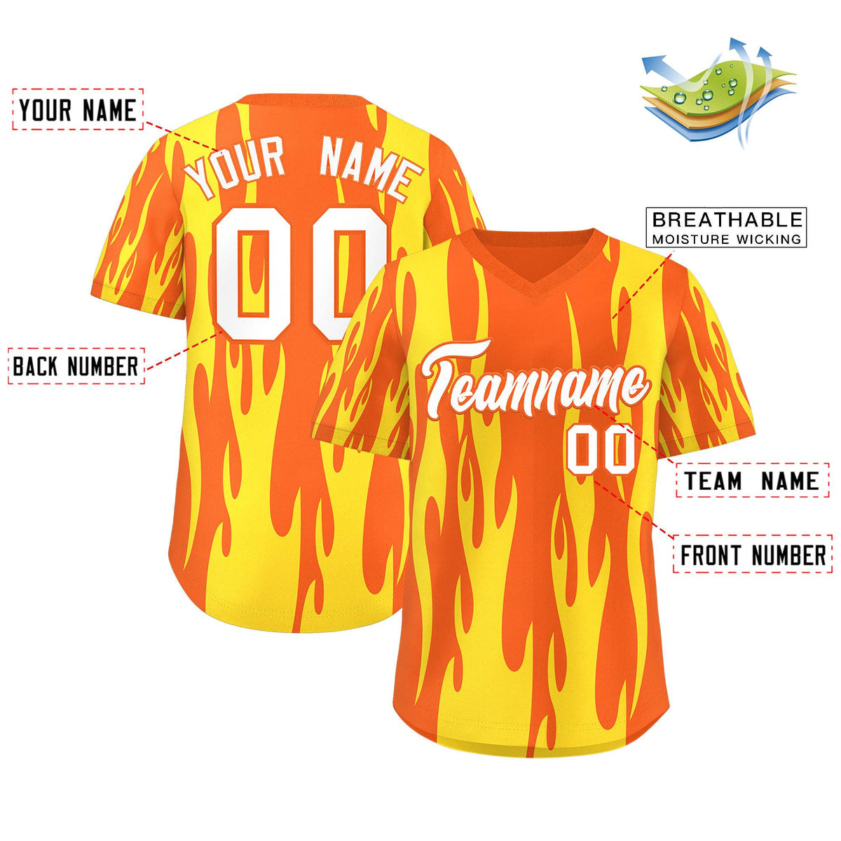 Custom Orange Gold Flame Pattern Authentic Pullover Baseball Jersey