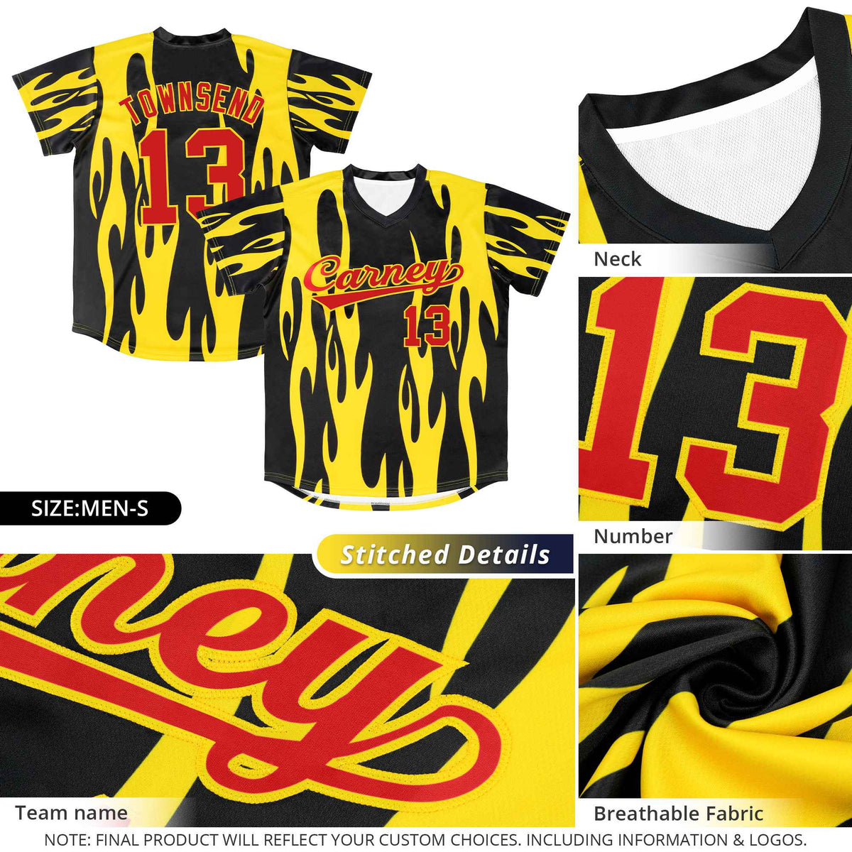 Custom Gold Royal Flame Pattern Authentic Pullover Baseball Jersey