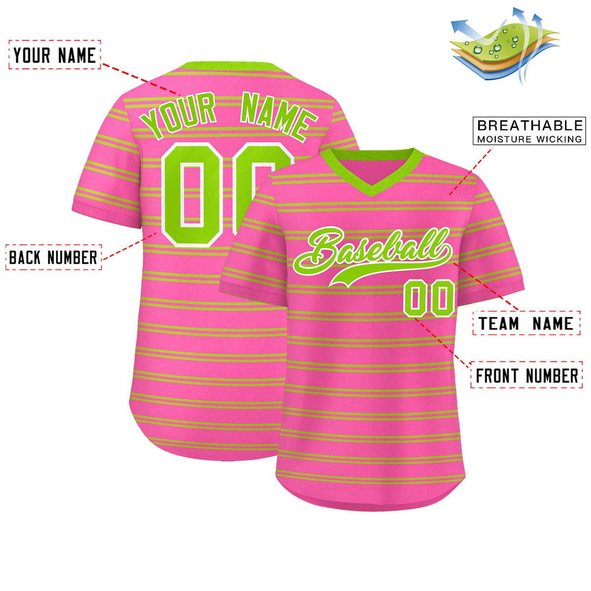 Custom Pink Neon Green Personalized Horizontal Stripe Authentic Pullover Baseball Jersey