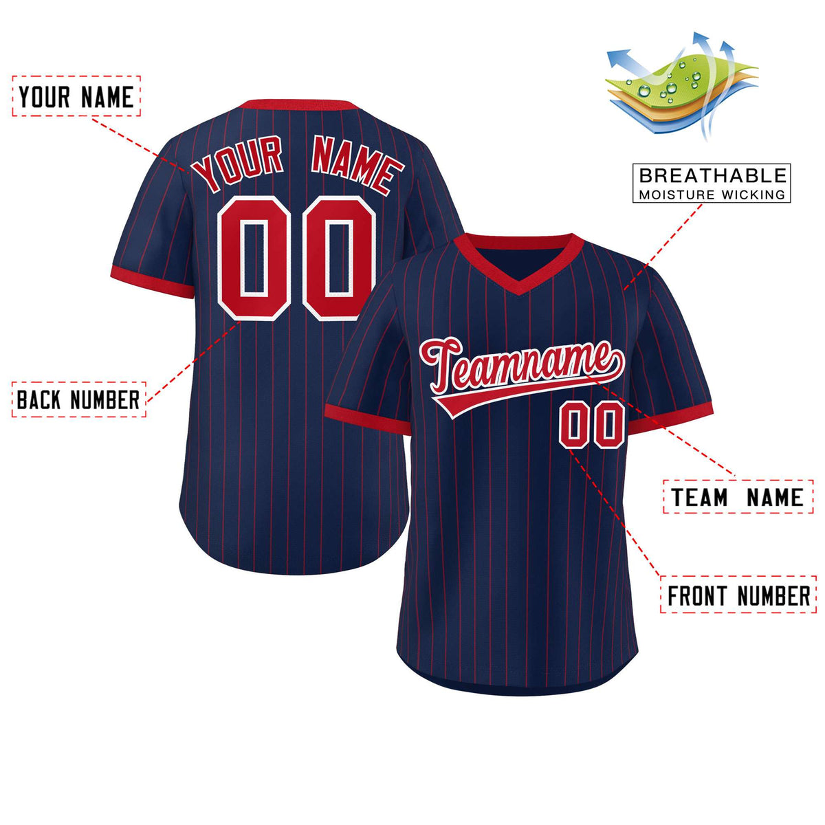 Custom Navy Red Stripe Fashion Authentic Pullover Baseball Jersey
