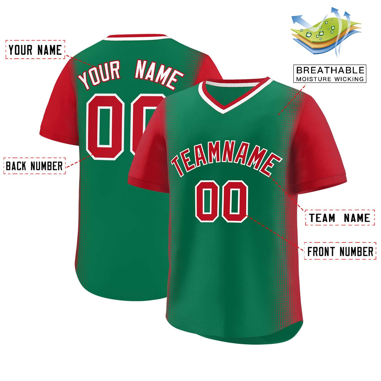 Custom Kelly Green Red Personalized Raglan Sleeves Authentic Baseball Jersey