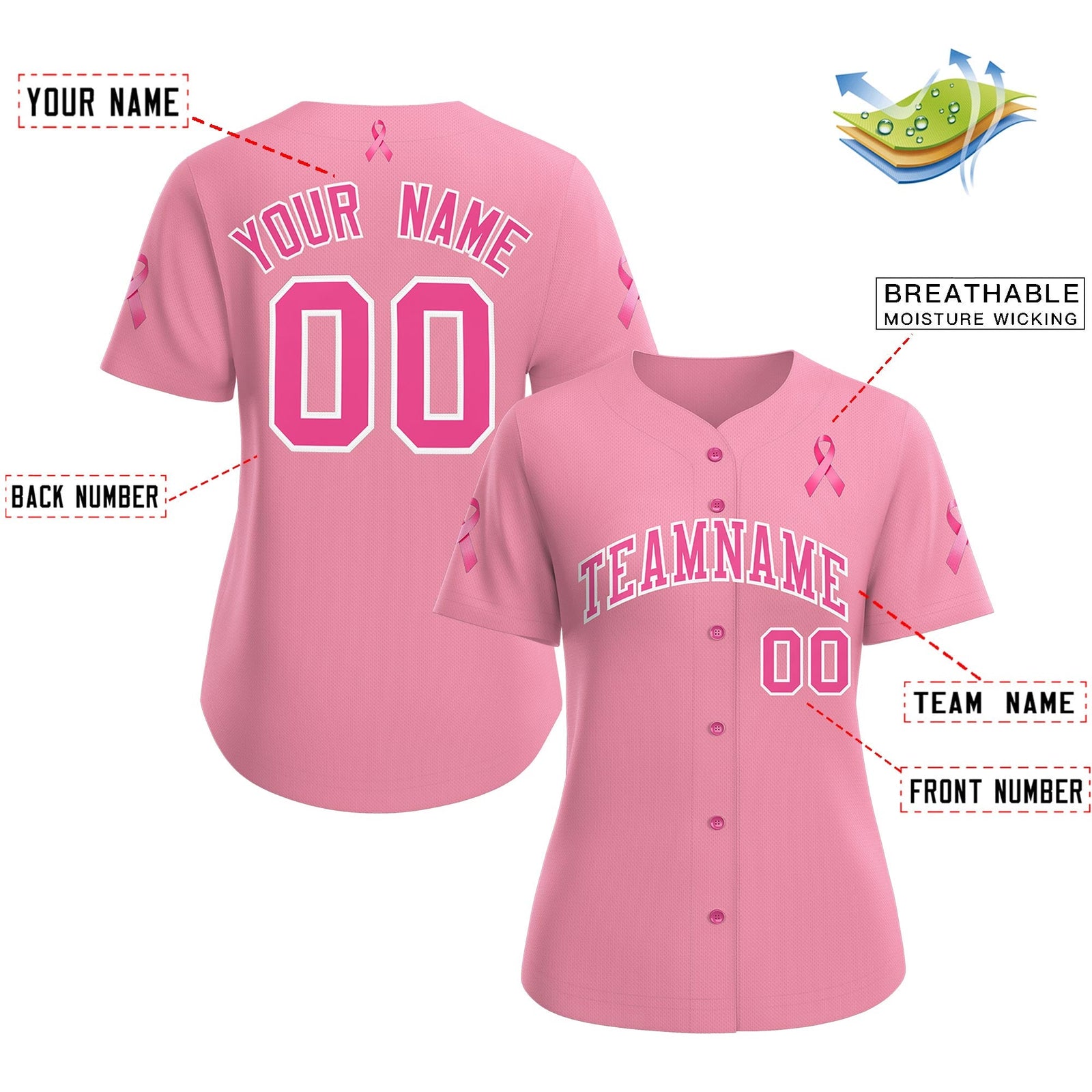 Custom Light Pink Pink Breast Cancer Awareness Month Pink Ribbon Authentic Baseball Jersey for Women