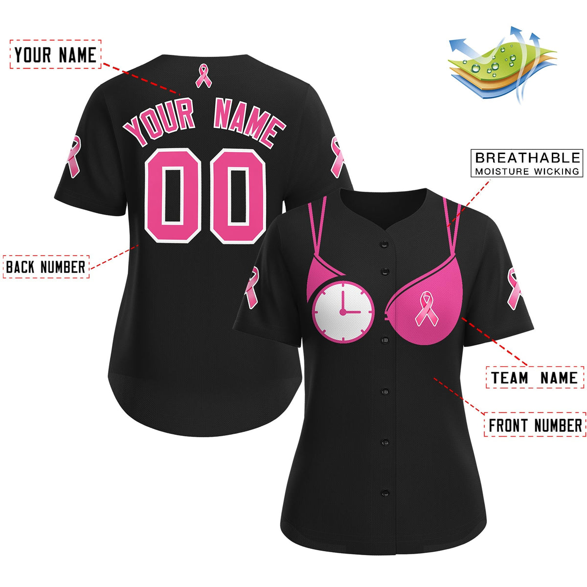 Custom Black Pink Breast Cancer Awareness Month Pink Ribbon Authentic Baseball Jersey for Women