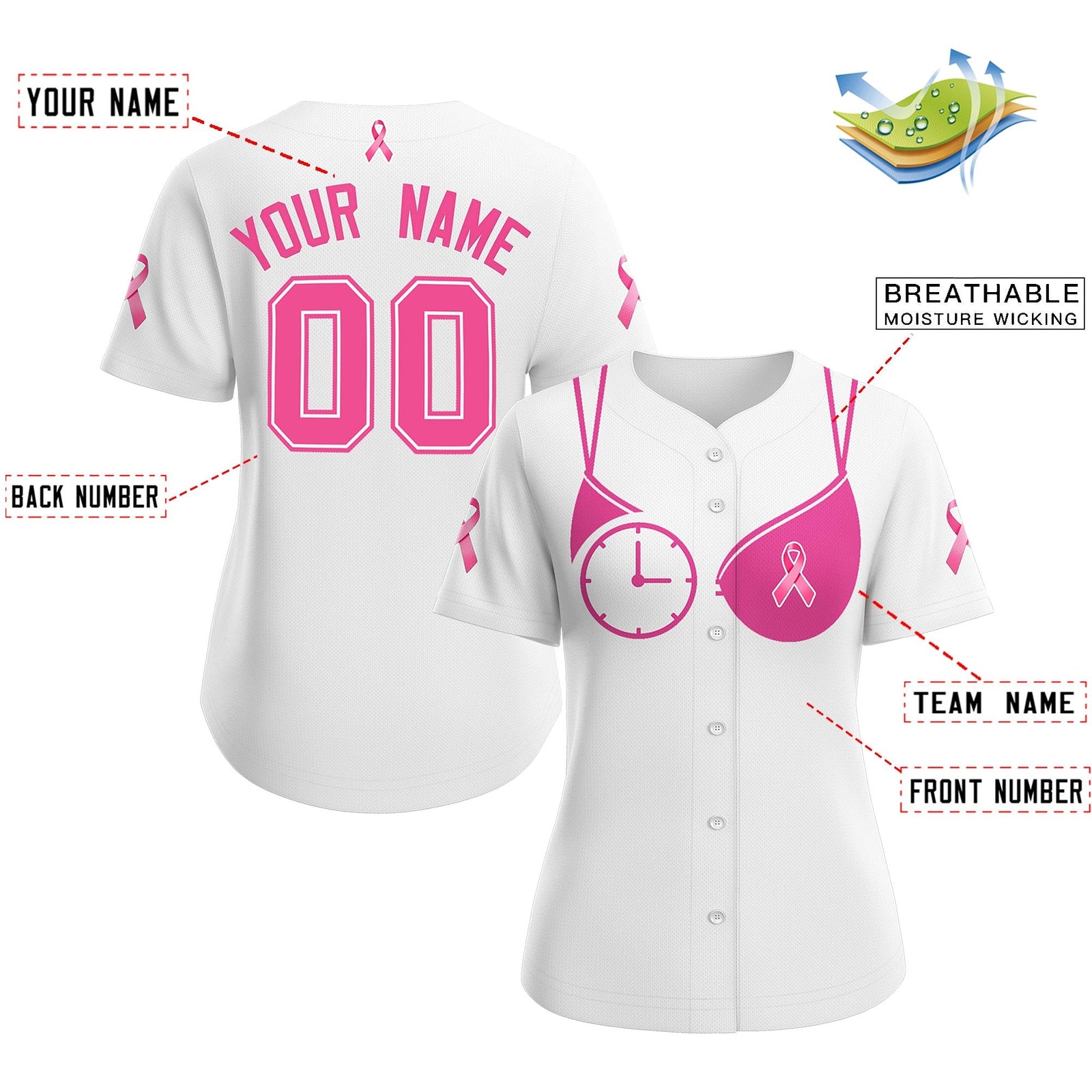 Custom White Pink Breast Cancer Awareness Month Pink Ribbon Authentic Baseball Jersey for Women