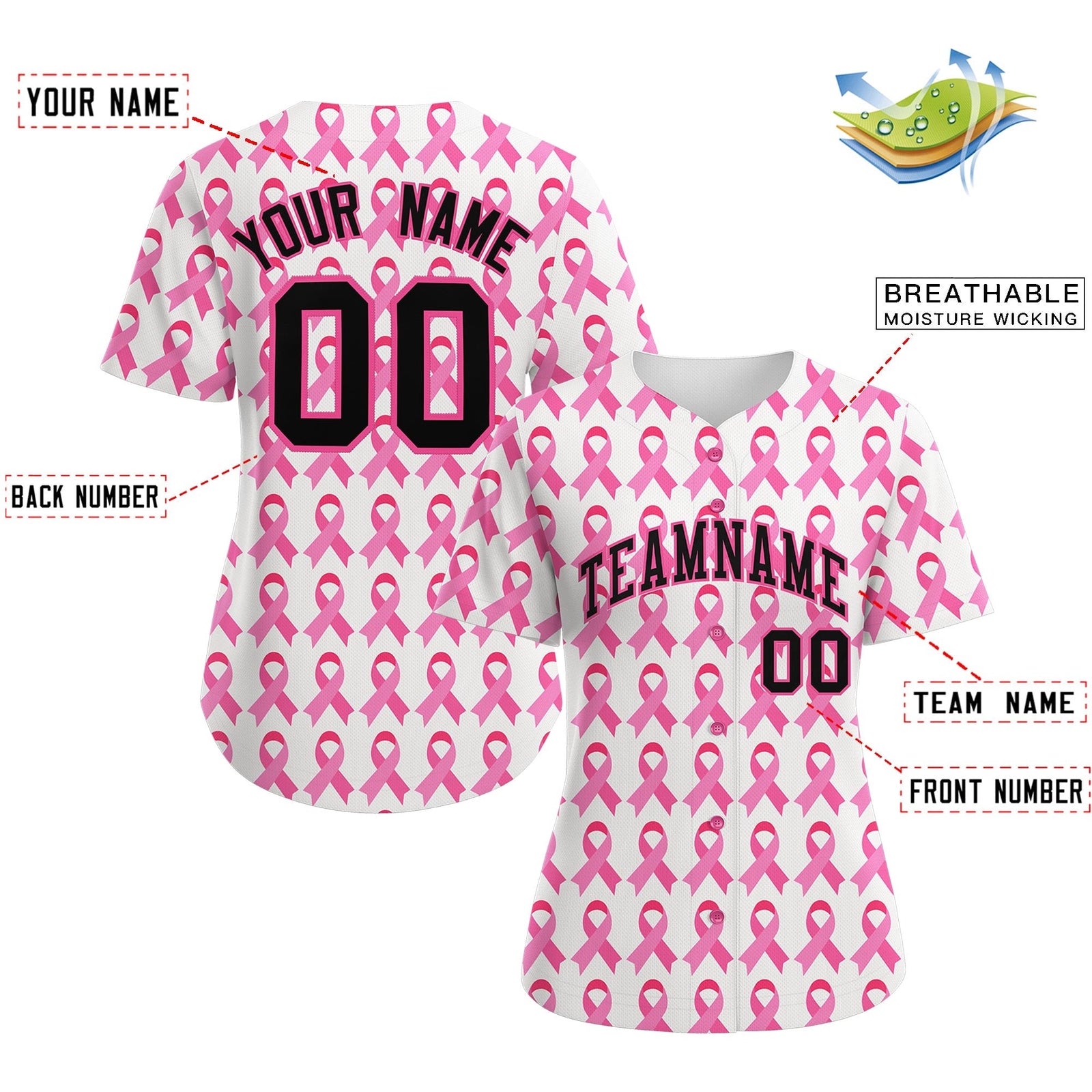 Custom White Black Breast Cancer Awareness Month Pink Ribbon Authentic Baseball Jersey for Women