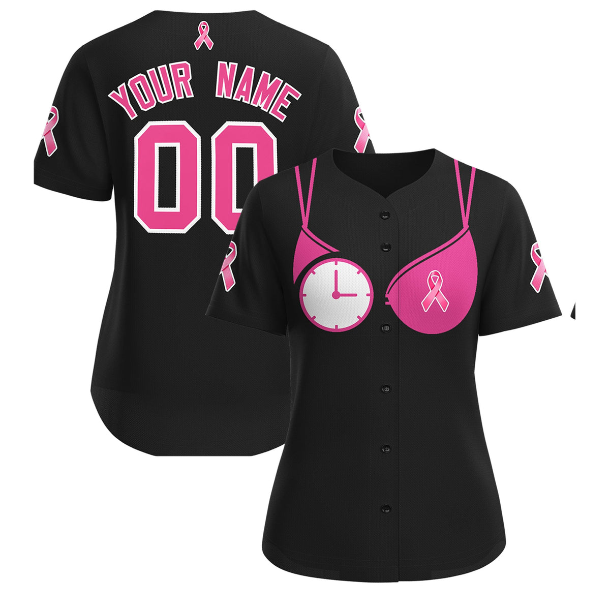 Custom Black Pink Breast Cancer Awareness Month Pink Ribbon Authentic Baseball Jersey for Women