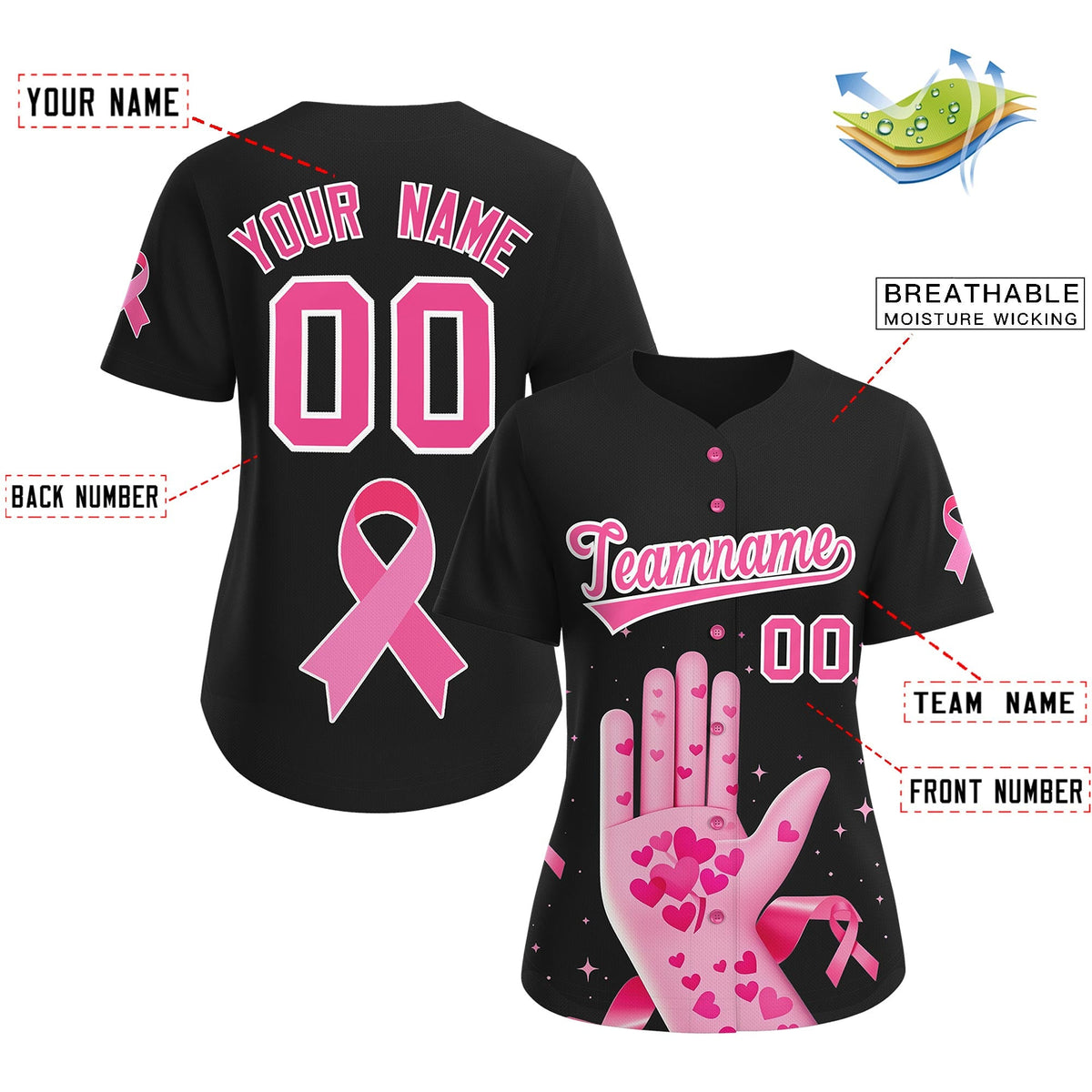 Custom Black Pink Breast Cancer Awareness Month Pink Ribbon Authentic Baseball Jersey for Women| KXKSHOP