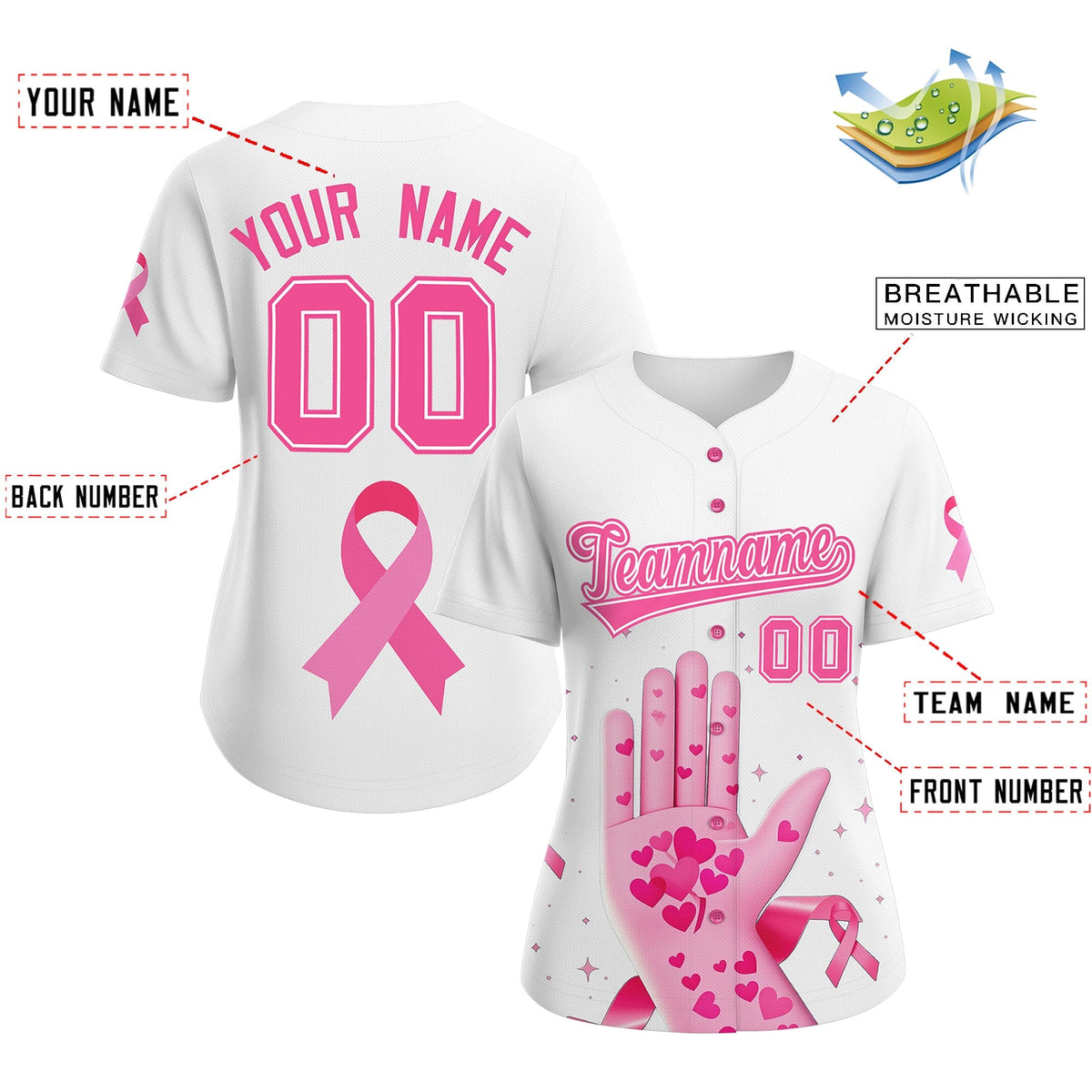 Custom White Pink Breast Cancer Awareness Month Pink Ribbon Authentic Baseball Jersey for Women| KXKSHOP