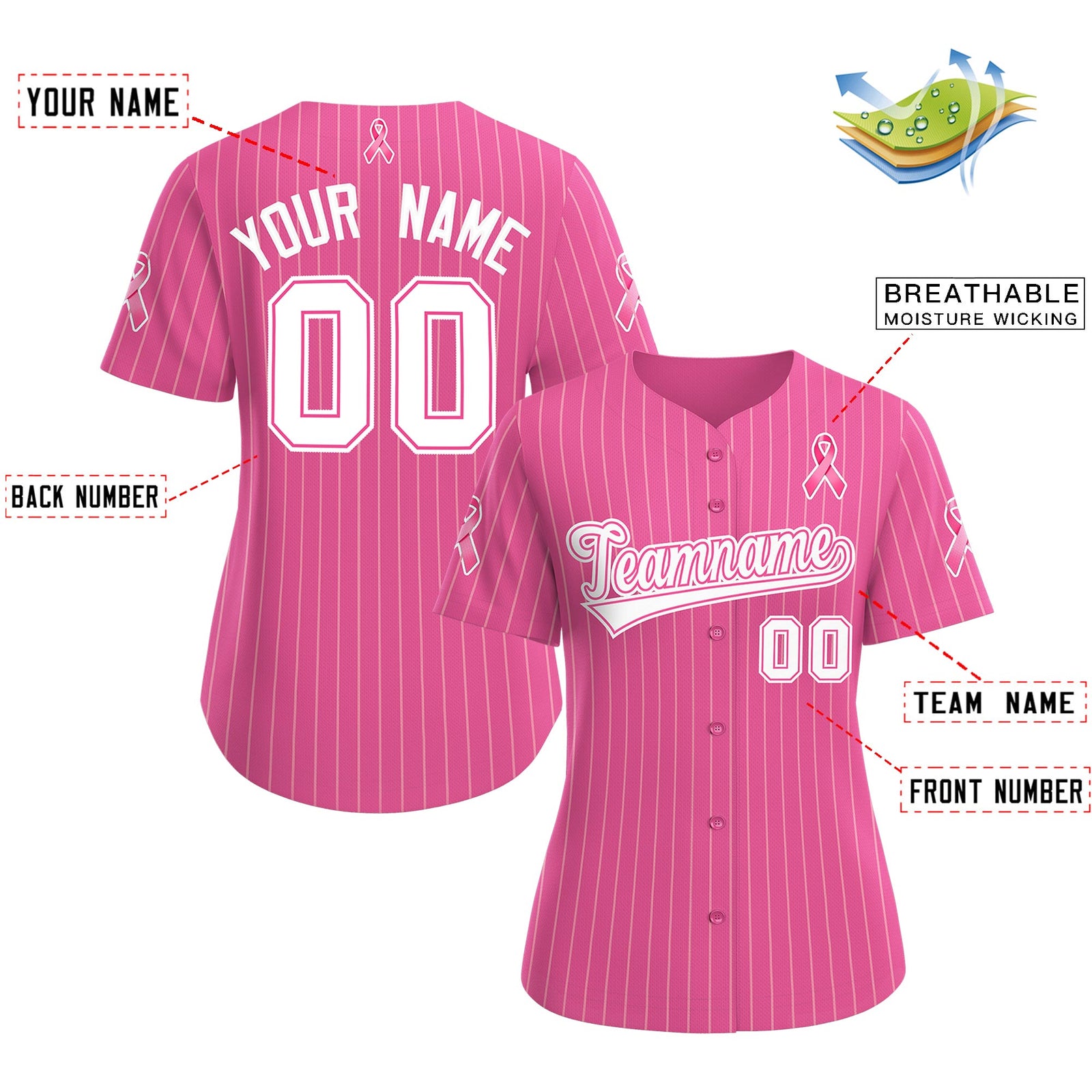 Custom Pink White Breast Cancer Awareness Month Pink Ribbon Authentic Baseball Jersey for Women| KXKSHOP