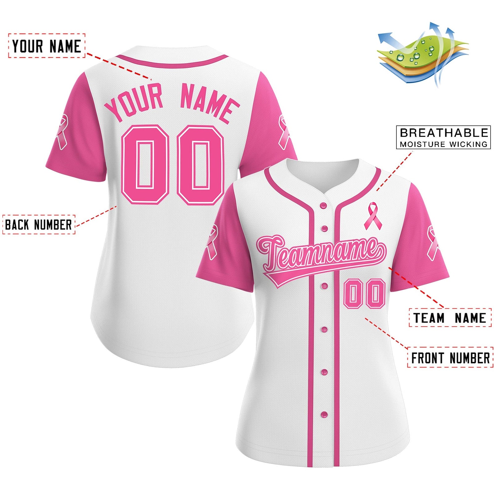 Custom White Pink Breast Cancer Awareness Month Pink Ribbon Authentic Baseball Jersey for Women| KXKSHOP