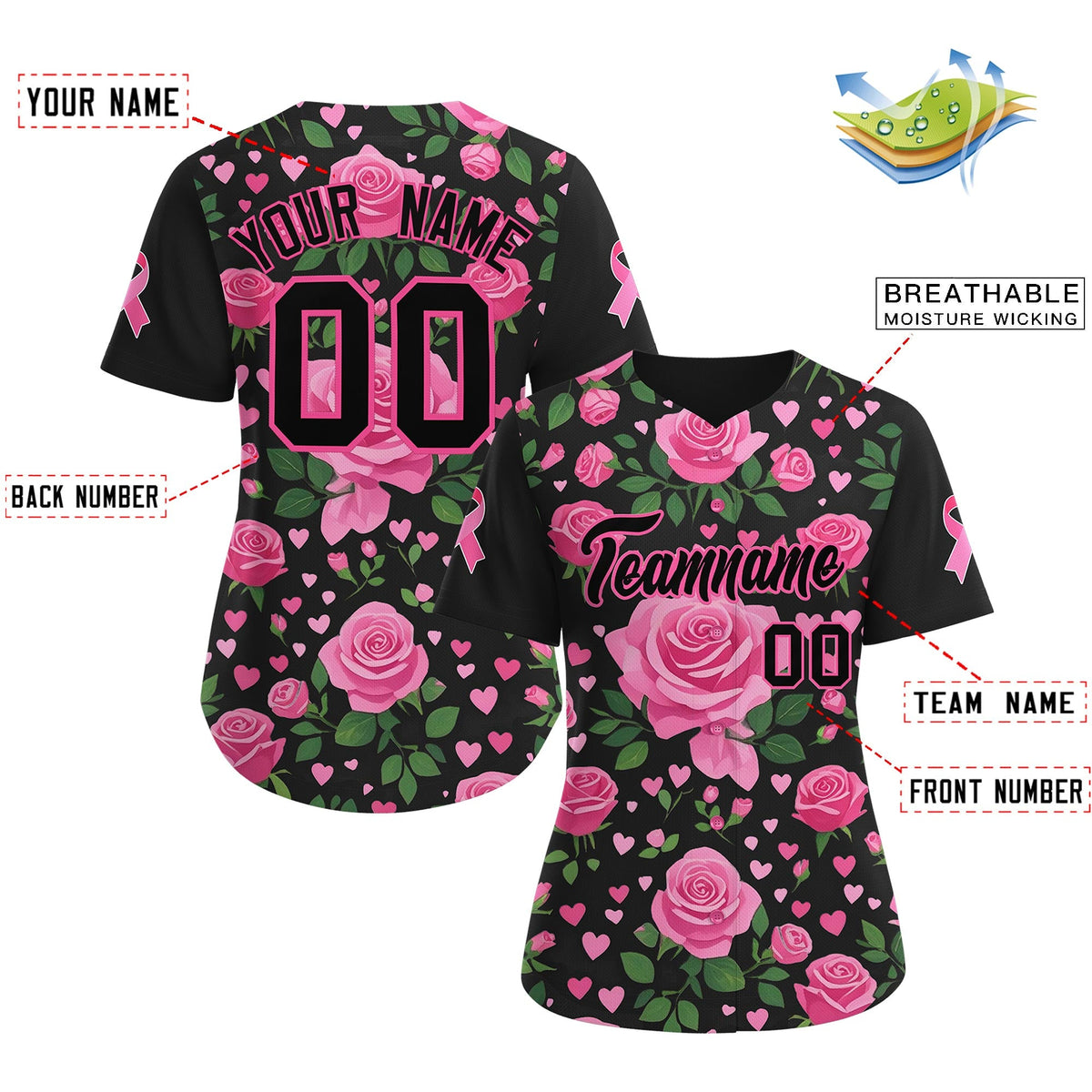Custom Black Pink Breast Cancer Awareness Month Pink Ribbon Authentic Baseball Jersey for Women